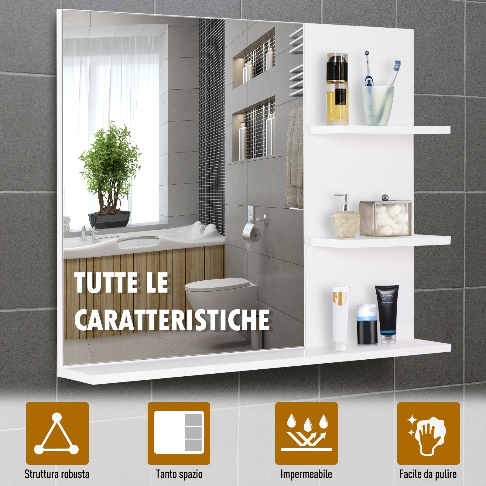 Easycomfort Mobiletto Pensile Bagno 60 x 10 x 48cm, with Specchio e 3 Ripiani, Armadietto wall-mounted in MDF white
