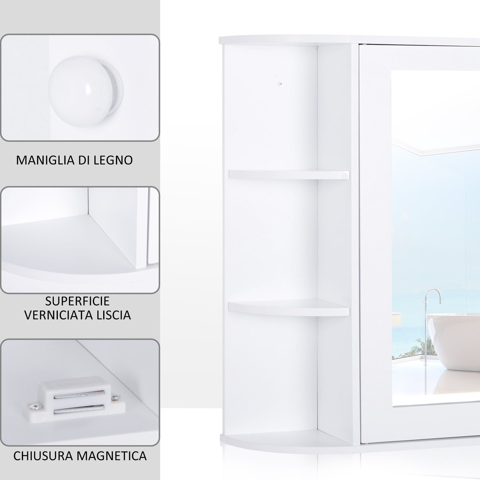 EasyComfort Mobiletto Pensile da Bagno, Armadietto Bagno with Specchio, Anta Centrale e Mensole in Legno white (60 x 17 x 63 cm)