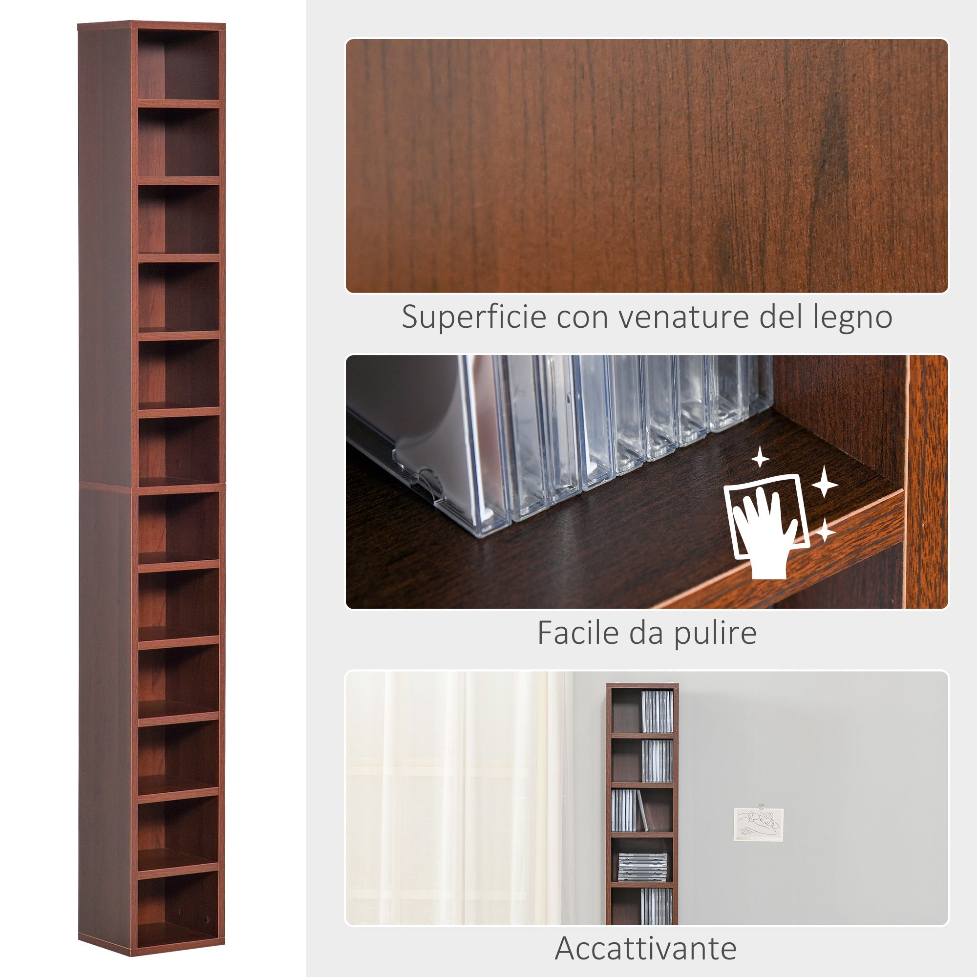 EasyComfort Mobiletto porta CD da Parete with Mensole semplice elegante funzionale in Legno mobile marrone 21 x 20 x 175cm