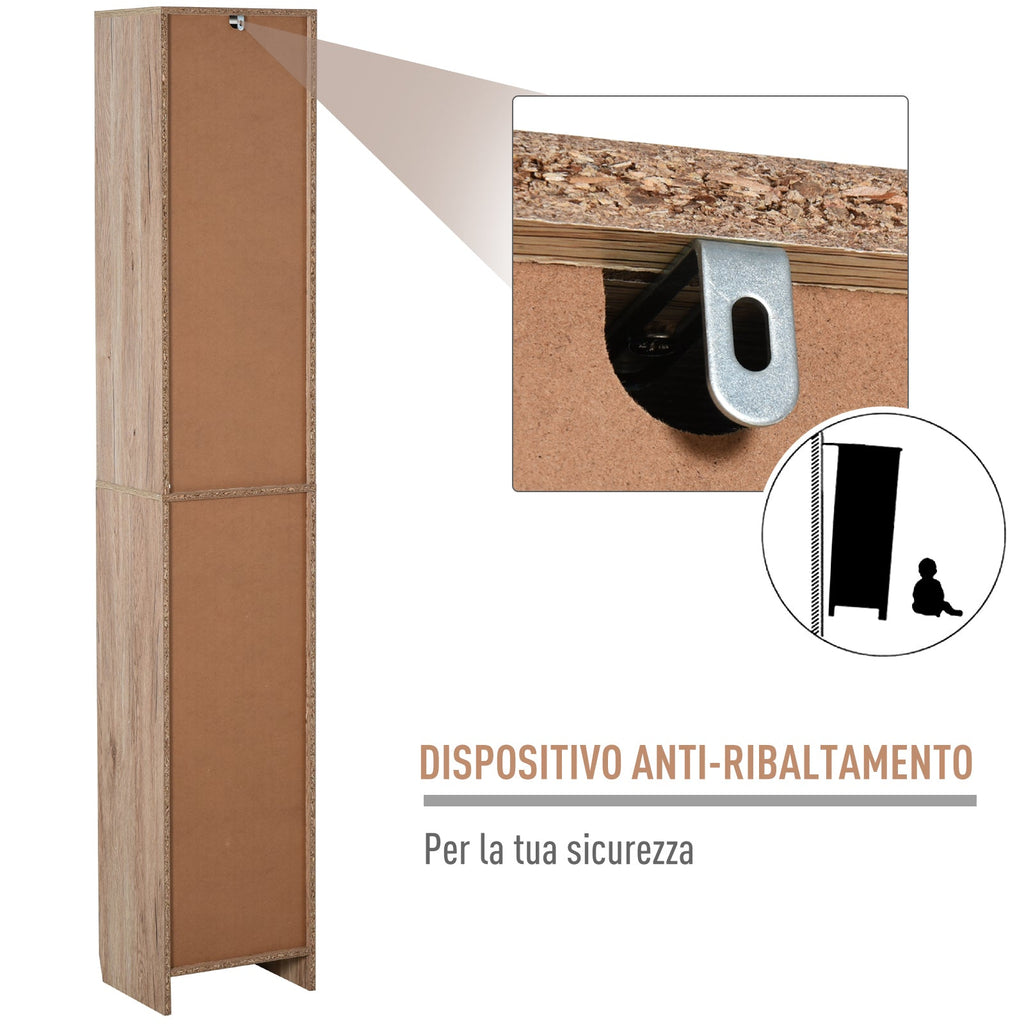 EasyComfort Mobiletto Salvaspazio per Bagno in Legno, Mobile da Bagno with 2 Armadietti e 6 Ripiani, Grigio e Rovere, Design a Torre 30 x 24 x 170cm