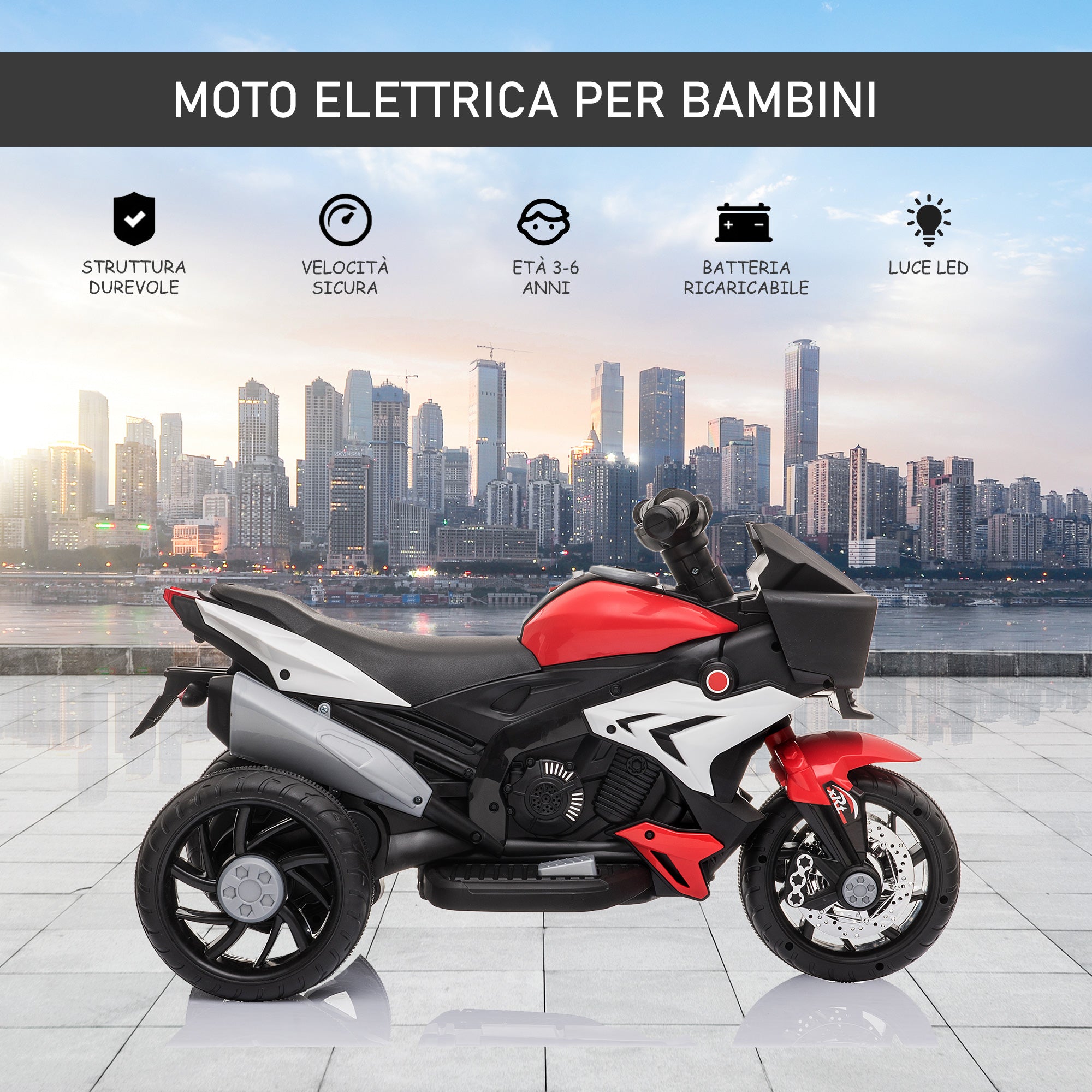 Easycomfort Moto Elettrica per Bambini 3-5 Anni (max. 25kg) with 3 Ruote, Luci e Suoni, Batteria 6V, Rosso, 86x42x52cm