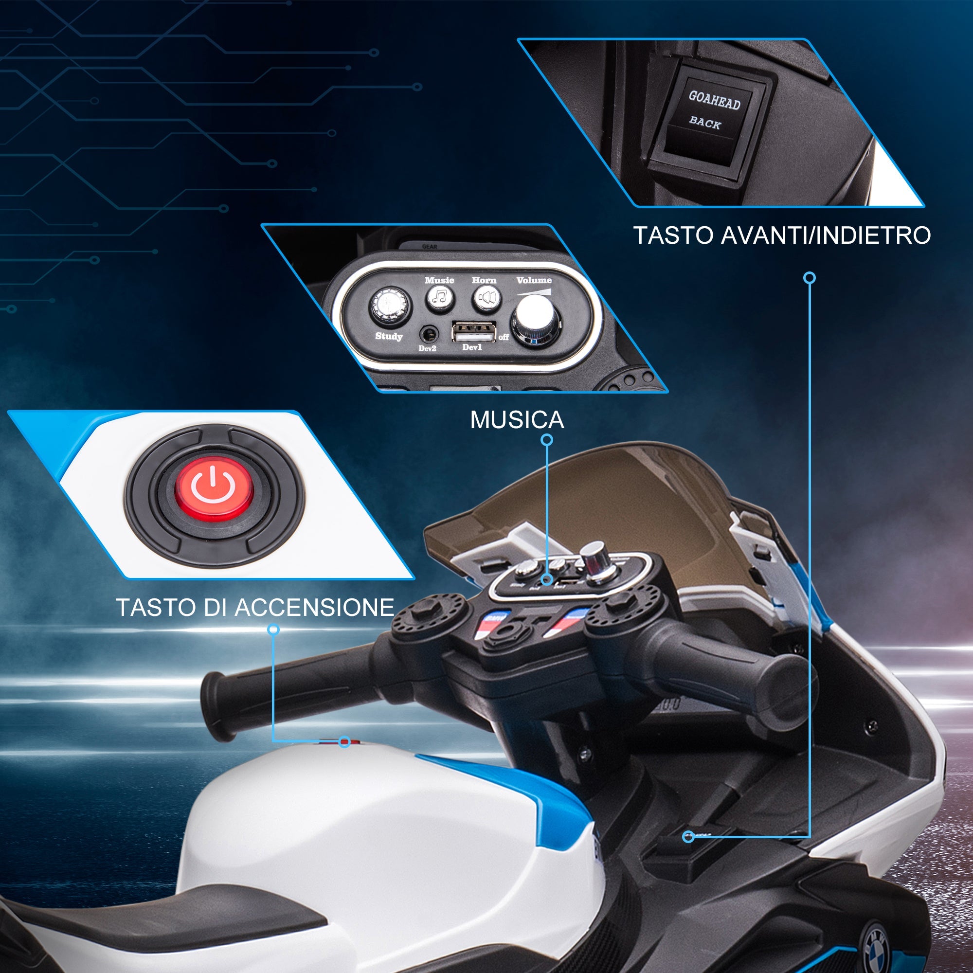 Easycomfort Moto per Bambini 18-60 Mesi Modello BMW HP4 with Fari, Musica e Pedali, in PP e Metallo, 82.5x42x54 cm, Blu