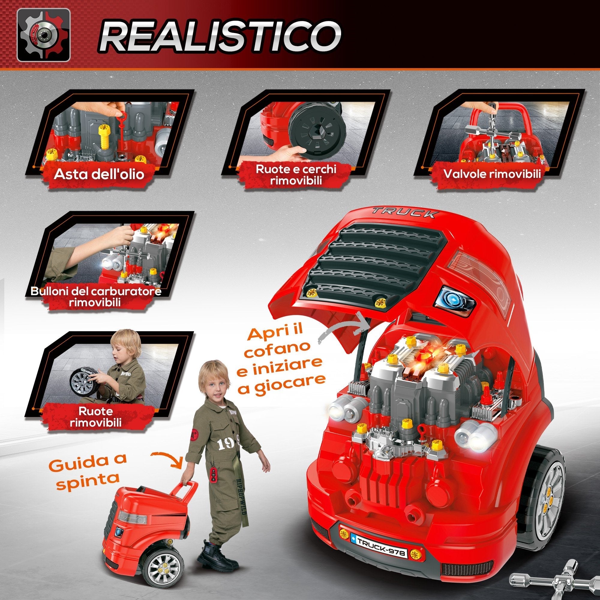 Easycomfort Officina Camion Giocattolo with Motore e 61 Accessori per Bambini 3-5 Anni, Ruote e Maniglia, 40x39x47cm, Rosso