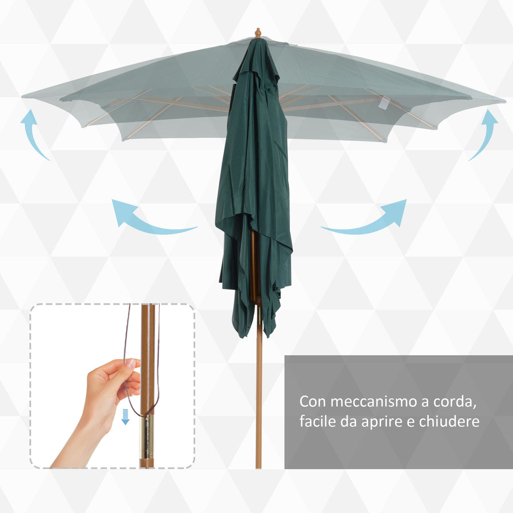 EASYCOMFORT 2x3 m Garden Umbrella in Lacquered Wood and Bamboo with Removable Cover, Dark Green