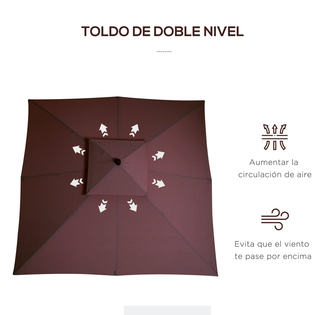 EASYCOMFORT 3x3 m Garden and Terrace Umbrella with 8 Ribs and 2-Level Parasol Cover, Brown