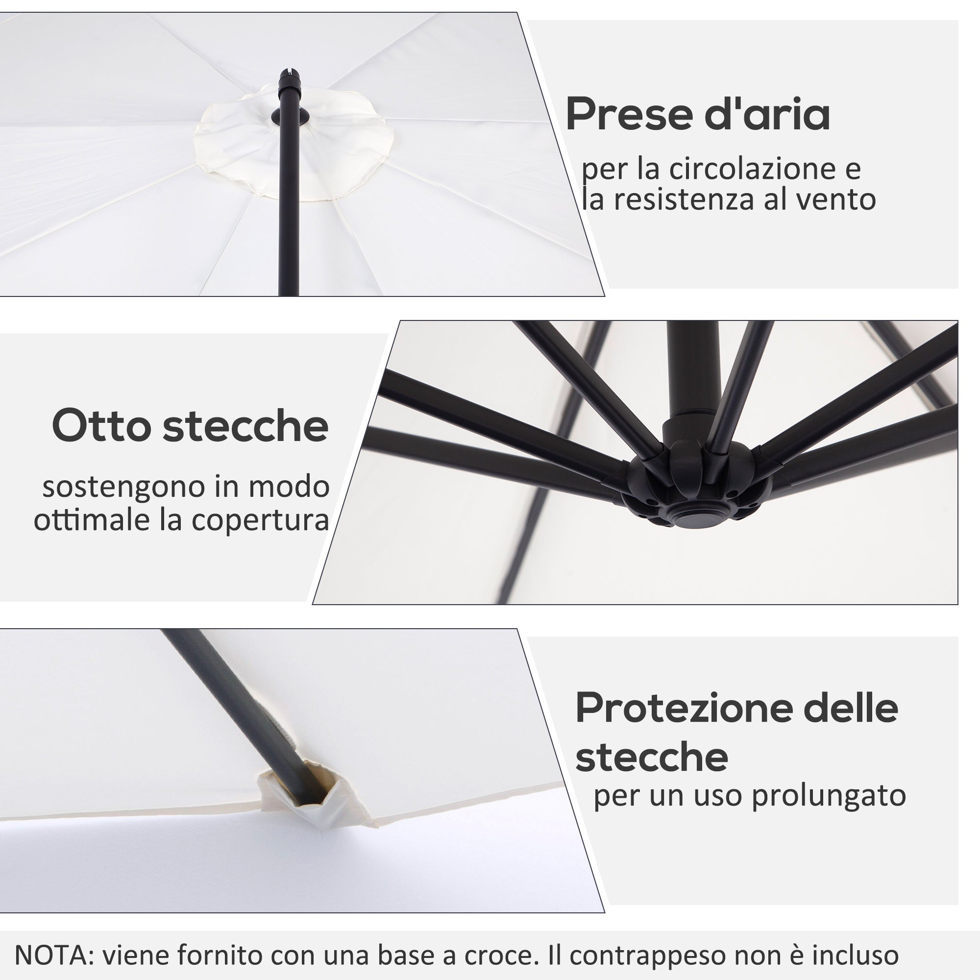 EASYCOMFORT Outdoor Umbrella 3x2.5 m with Crank, in Steel and Anti-UV Polyester, Cream