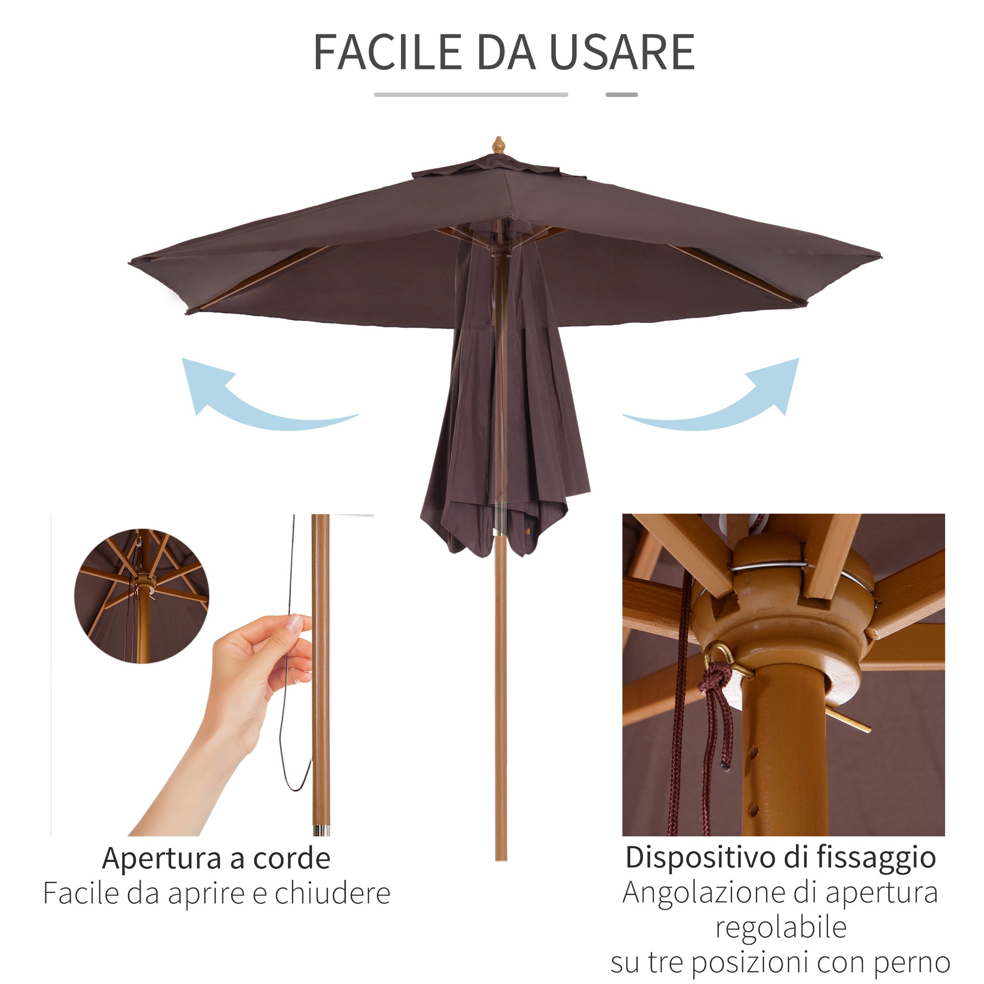 EASYCOMFORT Garden Umbrella 2.5x2.3 m 6 Ribs with Crank, in Wood and Polyester, Brown