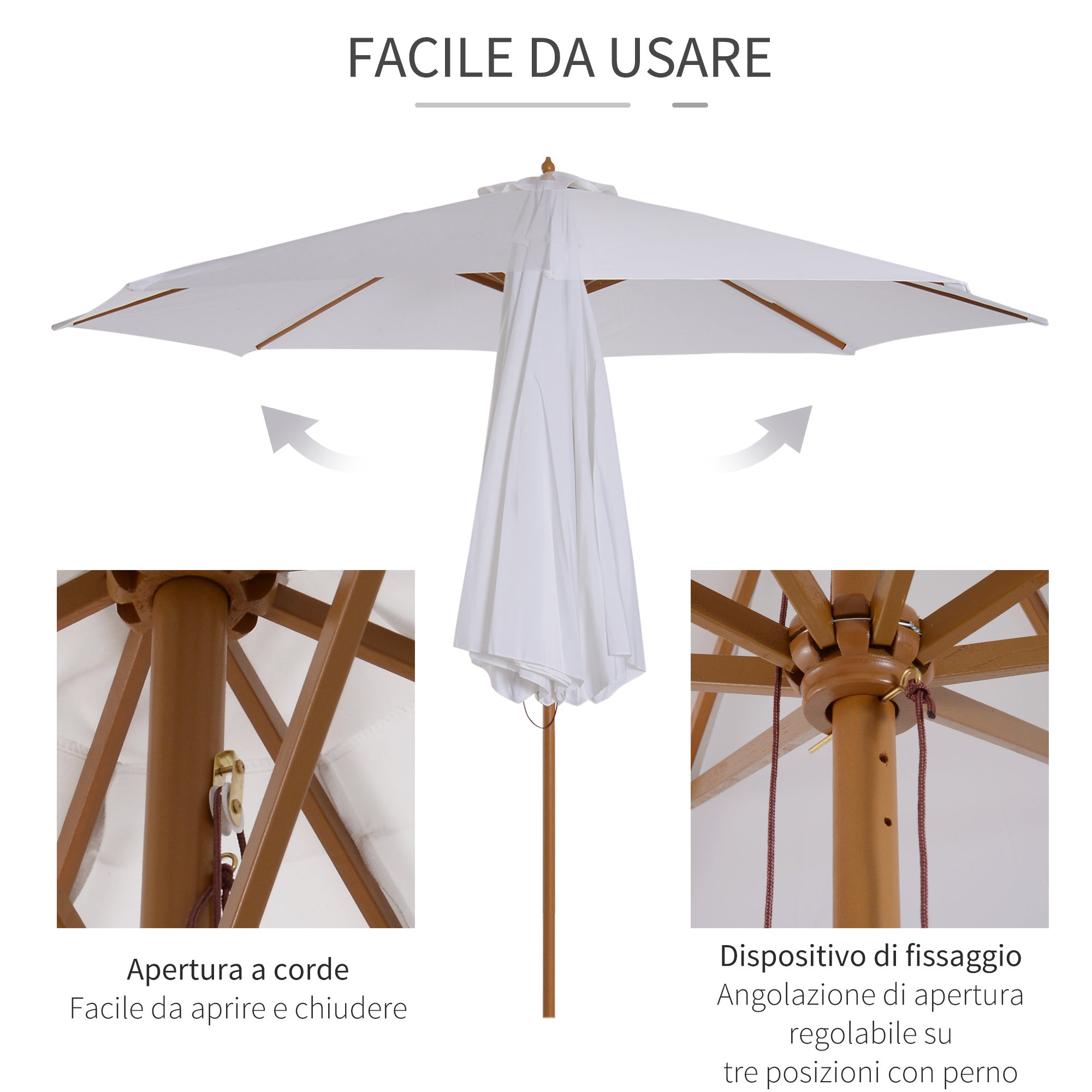 EasyComfort Garden Umbrella parasol 3*2.5m — 8-slat houten paal, crème
