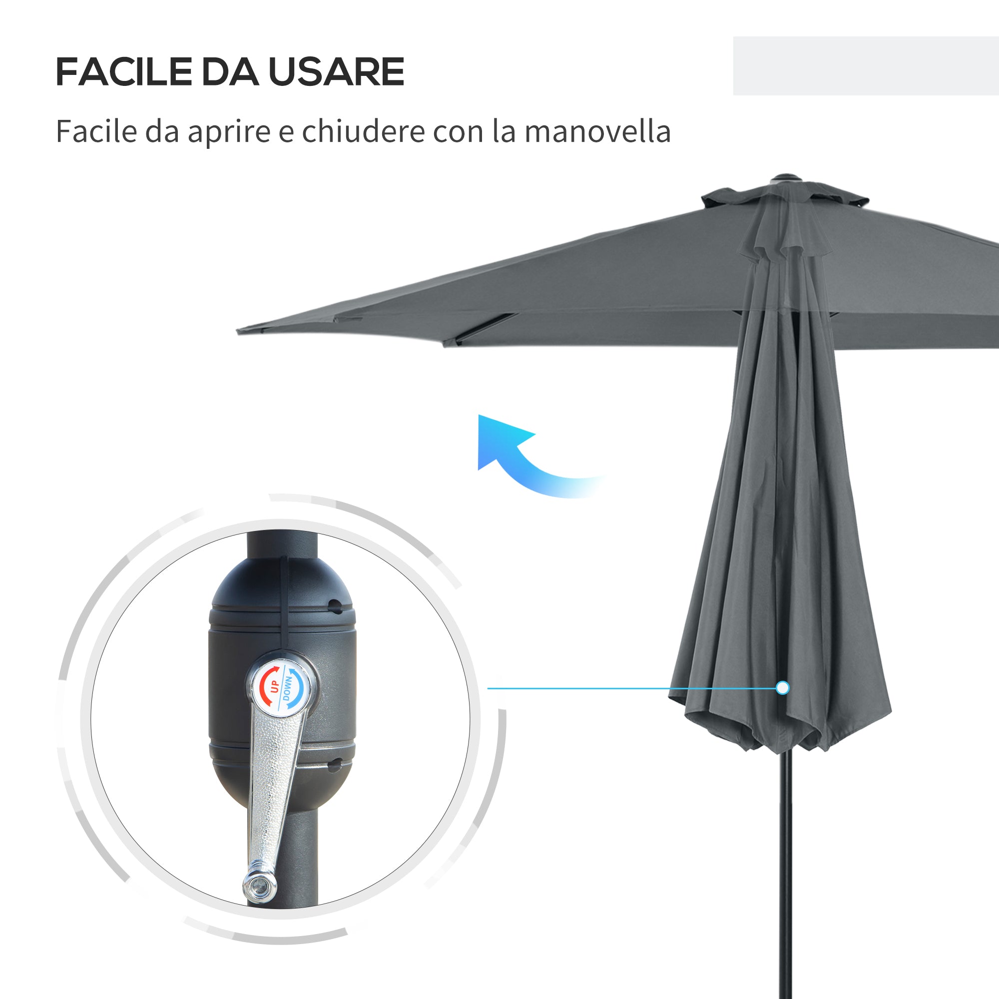 Easycomfort Ombrellone da Giardino 3x2.5 m Inclinabile, with Manovella, in Metallo e Poliestere Grigio Scuro