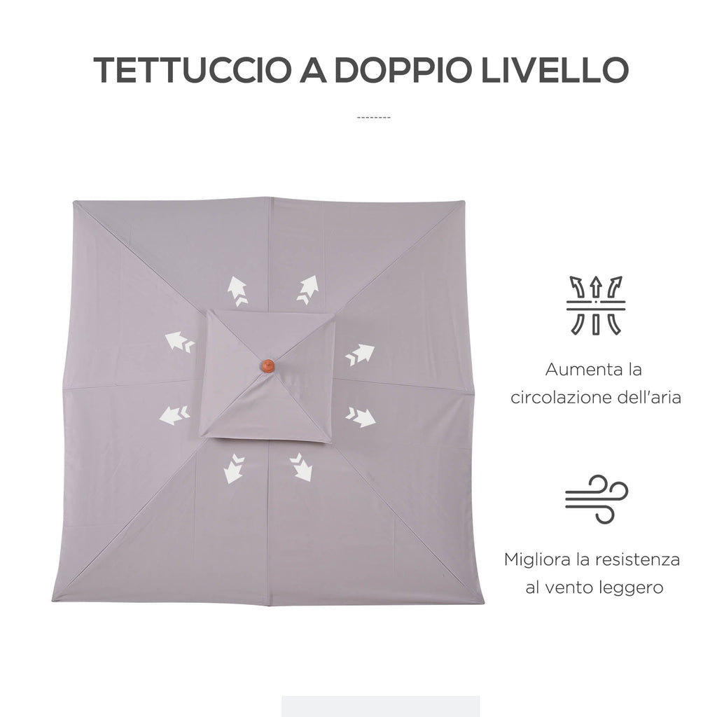 EasyComfort Ombrellone da Giardino 3x3m with 8 Stecche in Bambù e Copertura Parasole a 2 Livelli, Grigio