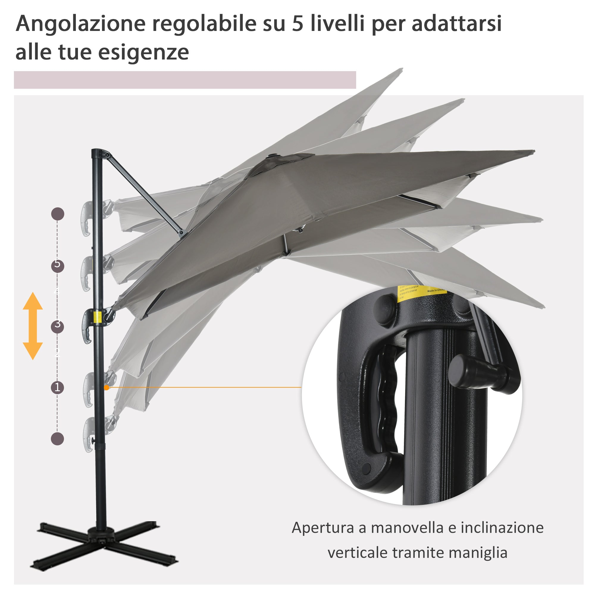 EasyComfort Ombrellone da Giardino a Manovella 2.5x2.5 m with Rotazione 360° e Parasole Regolabile, Grigio Chiaro
