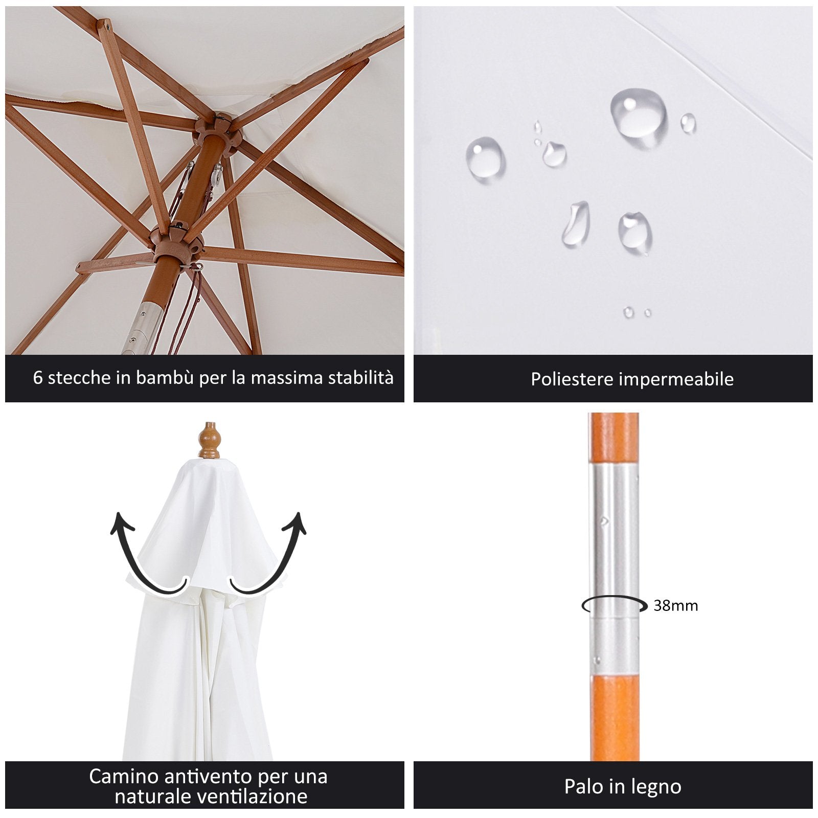 EASYCOMFORT Bamboo Garden Umbrella, Cream White, Ø250 x 230cm