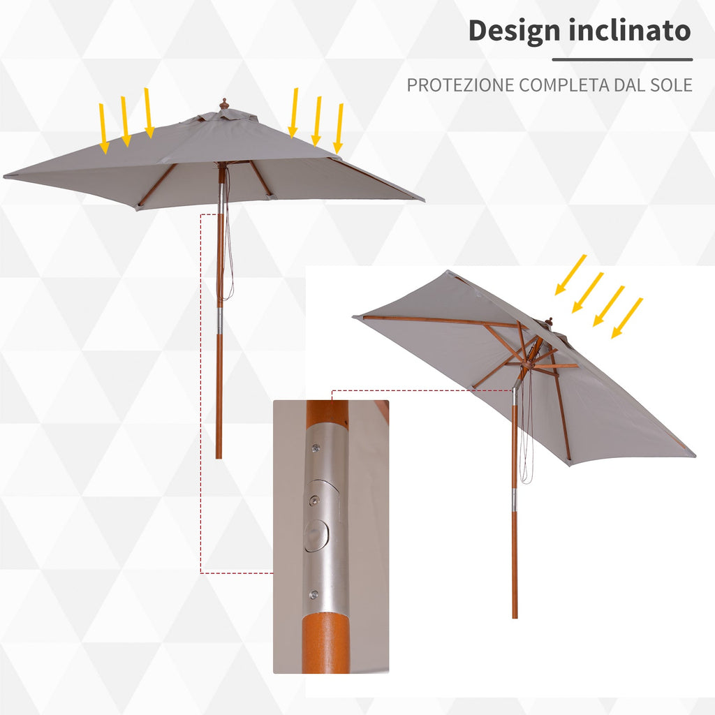 EASYCOMFORT Tilting Garden Umbrella 2x1.5 m 6 Ribs with Fir Wood Pole, Gray