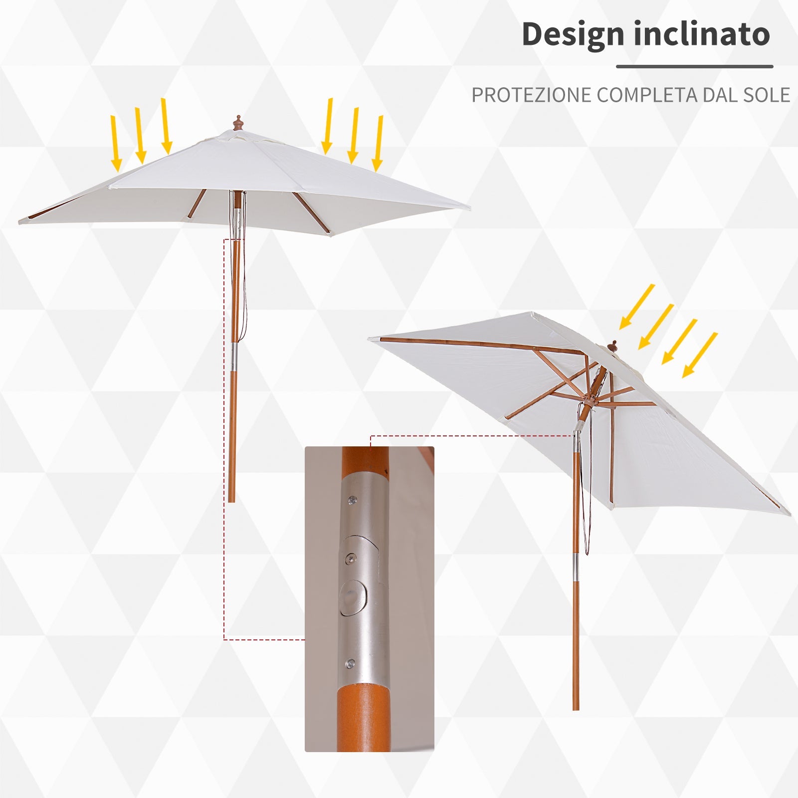 EASYCOMFORT Tilting Garden Umbrella 2x1.5m with 6 ribs with Fir Wood Pole and Rope, Beige