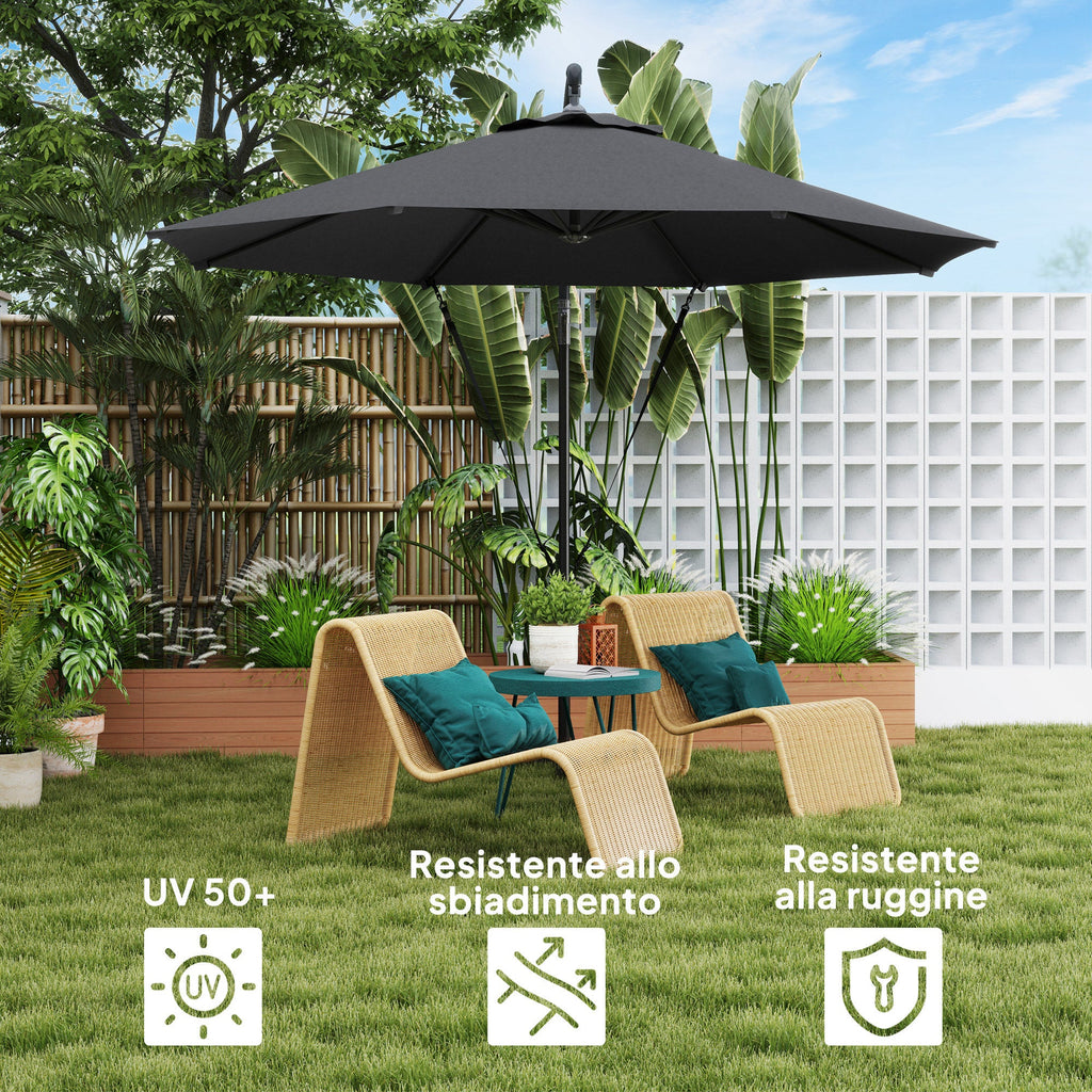 EasyComfort Ombrellone da Giardino Rotondo Inclinabile e Girevole, Manovella e Protezione UPF 50+, Ø3 m, Grigio Scuro