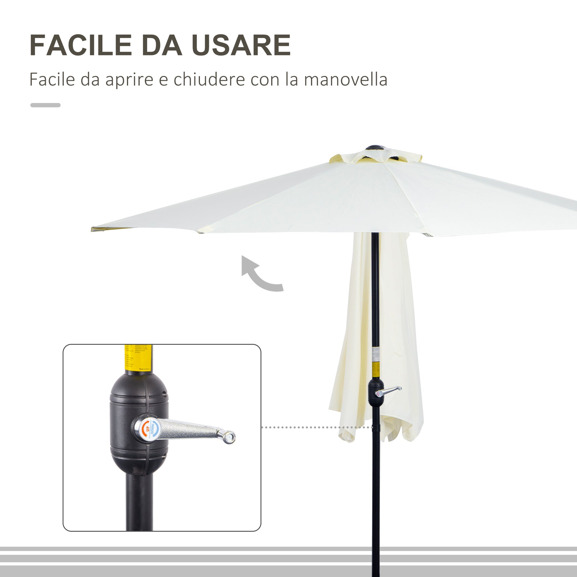 EasyComfort Ombrellone da Terrazza a Mezzaluna with Apertura a Manovella e Palo a 2 Sezioni, 2.6x1.35 m, Beige