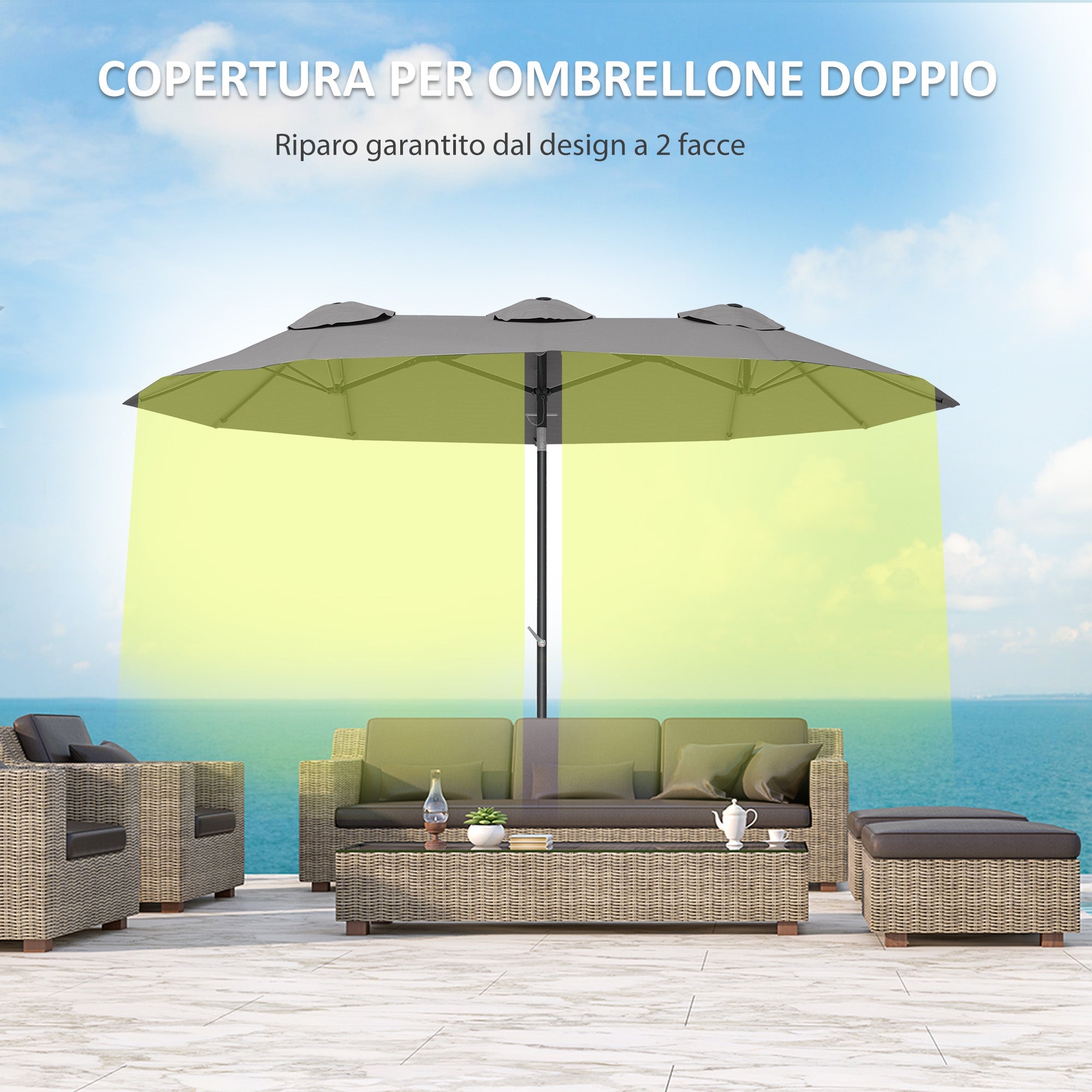 EasyComfort Ombrellone Doppio Inclinabile a 45° with Manovella e Prese d'Aria, in Acciaio e Poliestere, 285x147x227 cm, Grigio