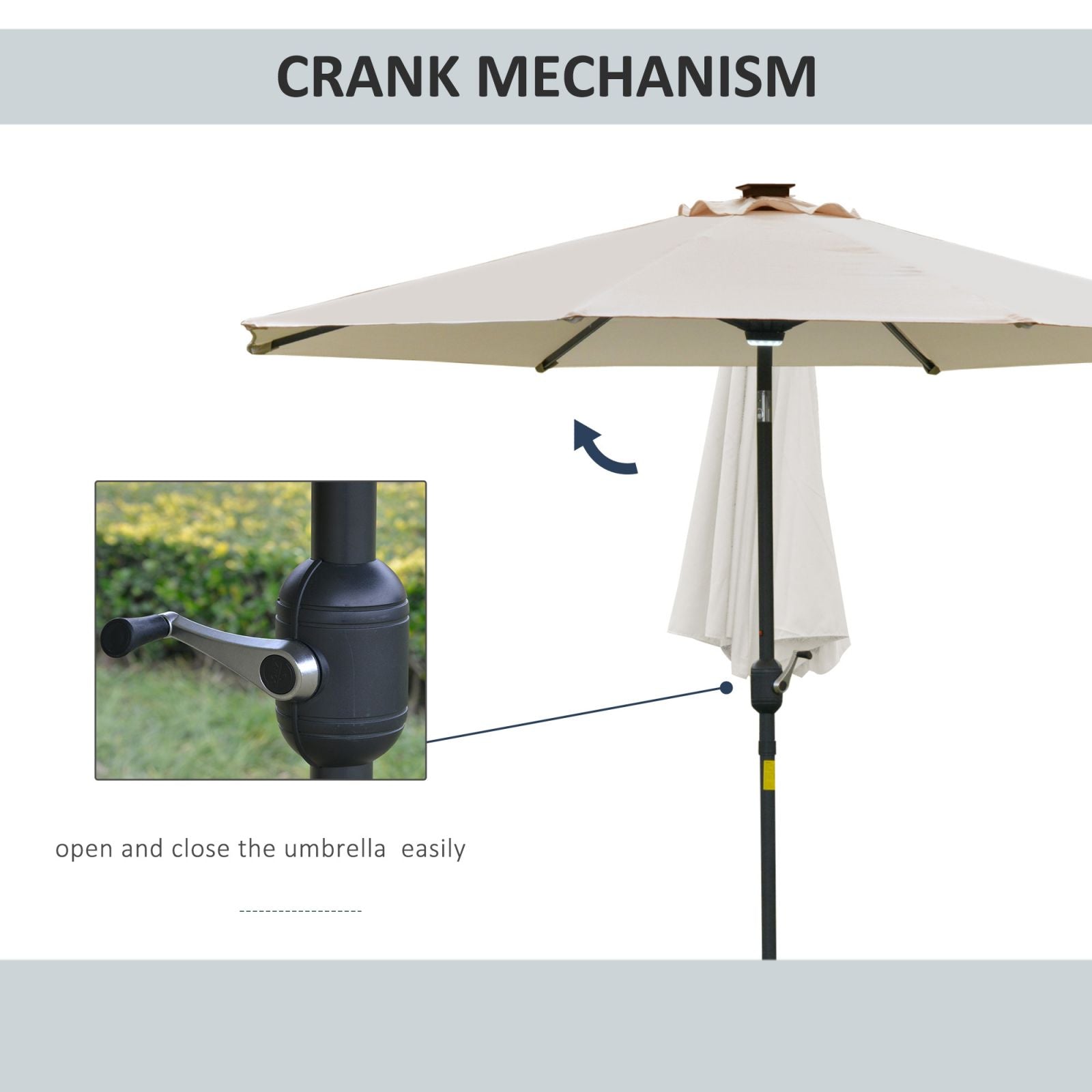 EASYCOMFORT Tilting Umbrella with Crank Opening, LED Lights and Solar Panel, Cream White Φ266x245cm