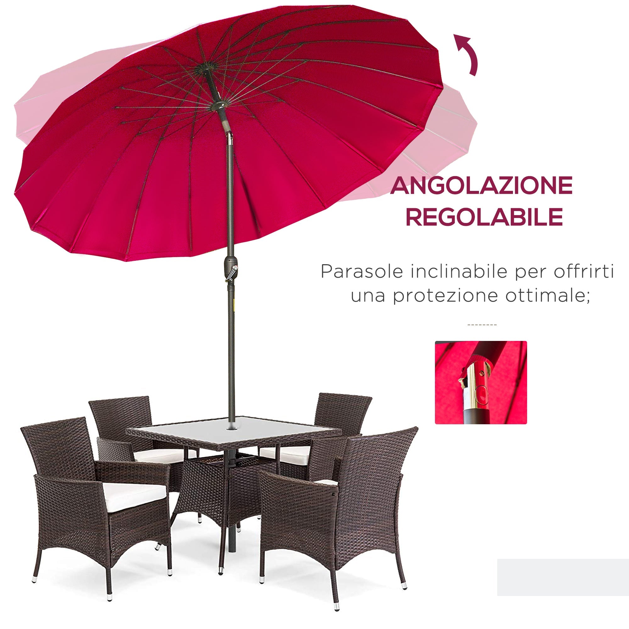 EasyComfort Ombrellone Rotondo Pieghevole a 18 Stecche with Manovella, in Metallo e Poliestere, Ø250x240 cm, Rosso Vino