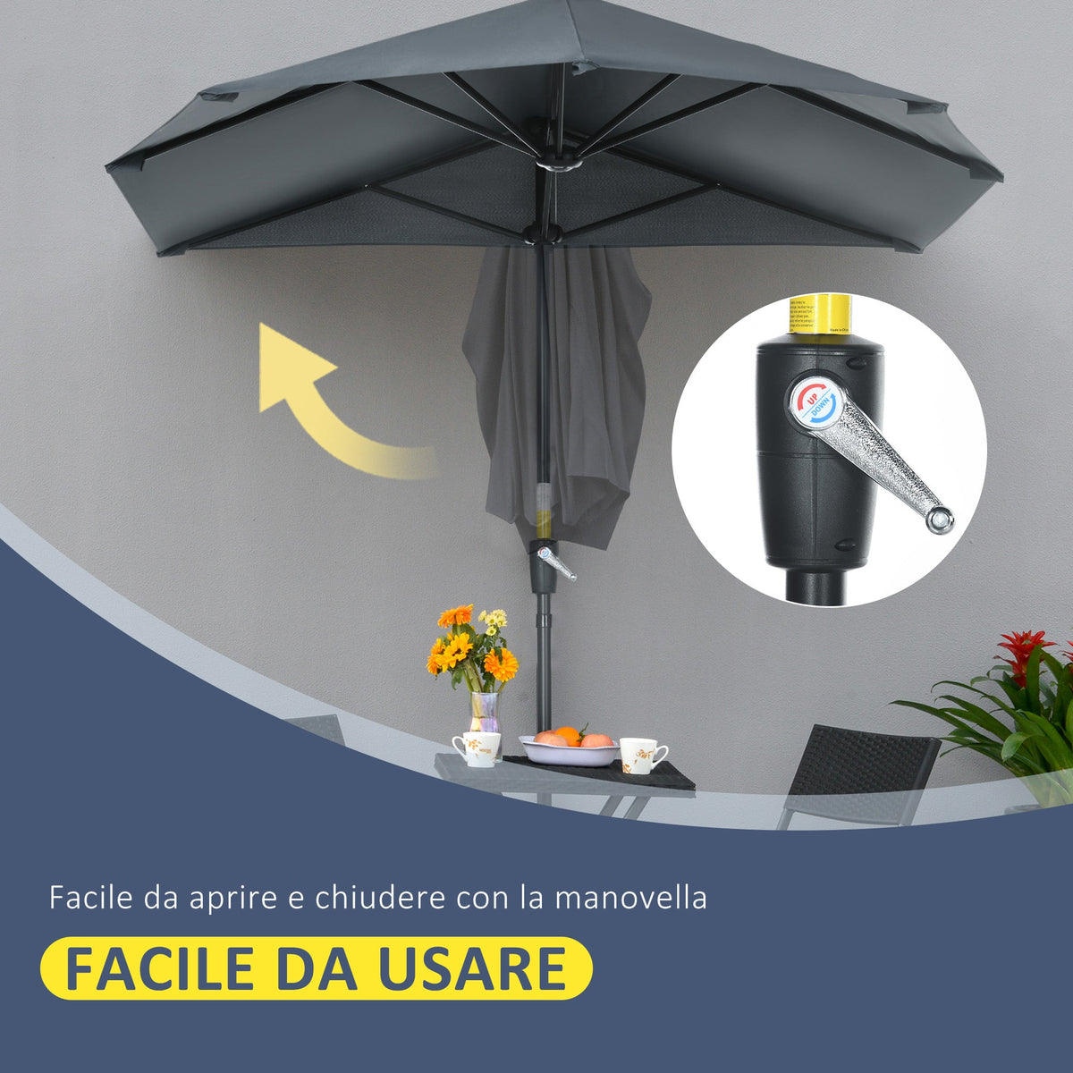 EasyComfort Semicirkelparasol met slinger en UV-kap, 200x190x240 cm