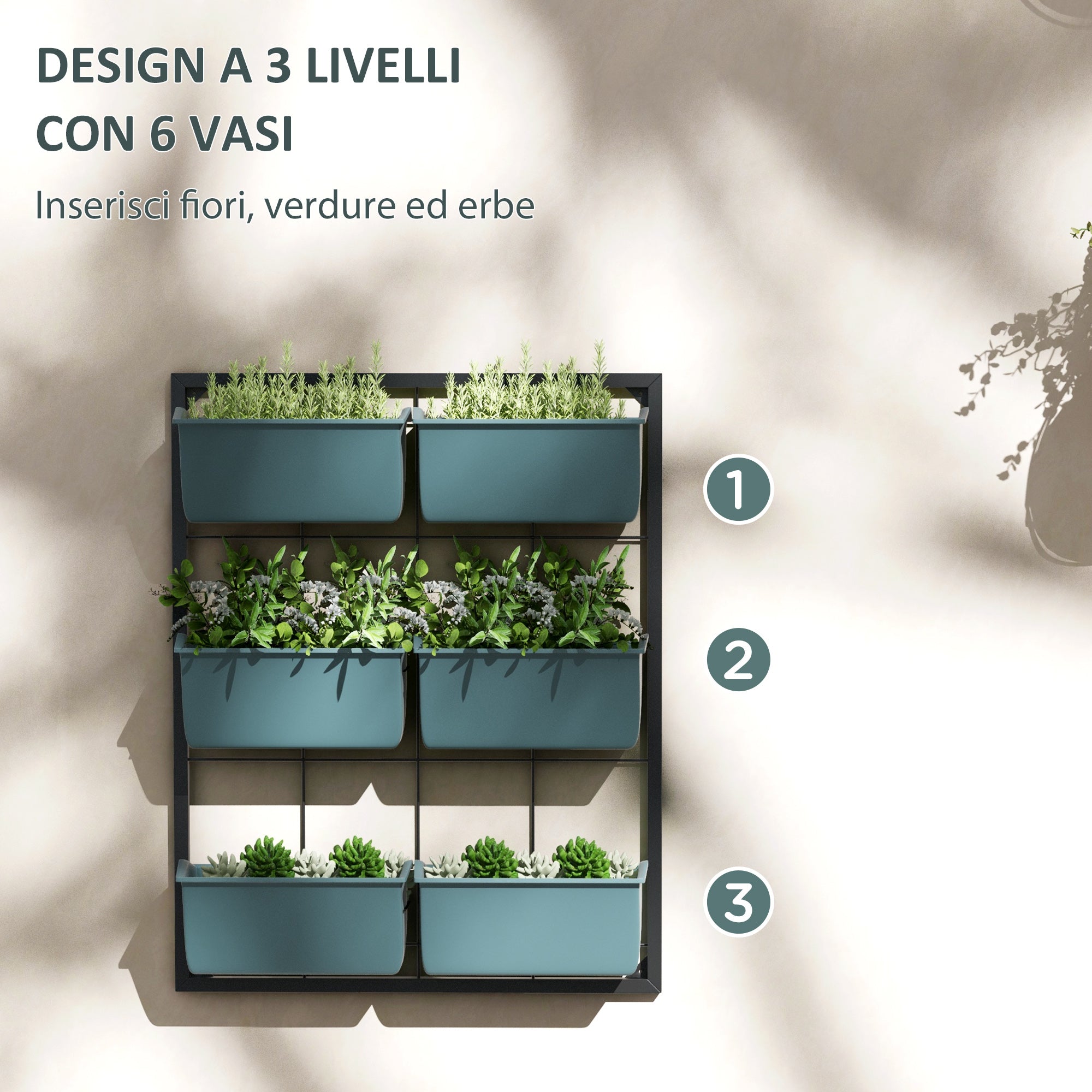 EasyComfort Orto Verticale 3-niveaus bloembak met 6 potten 52x14x66 cm