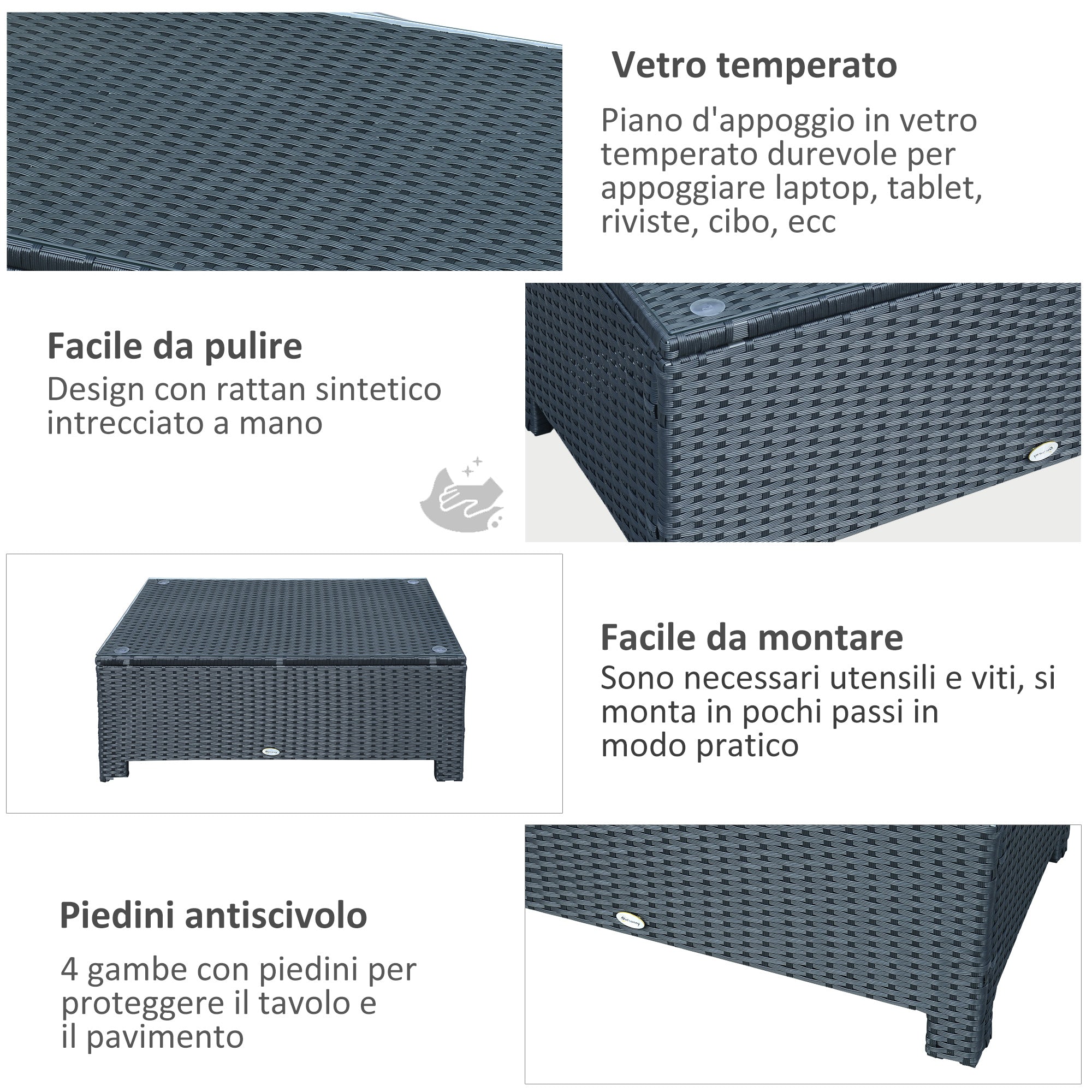 EasyComfort Ousunny Tavolino da Esterni in Rattan PE with Piano in Vetro Temperato, 85x50x39cm, black