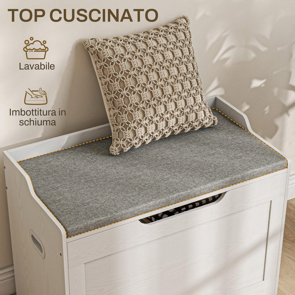 EasyComfort Panca Contenitore da 103L Multifunzione in Legno with Cuscino in Tessuto, 75x40x56cm, white