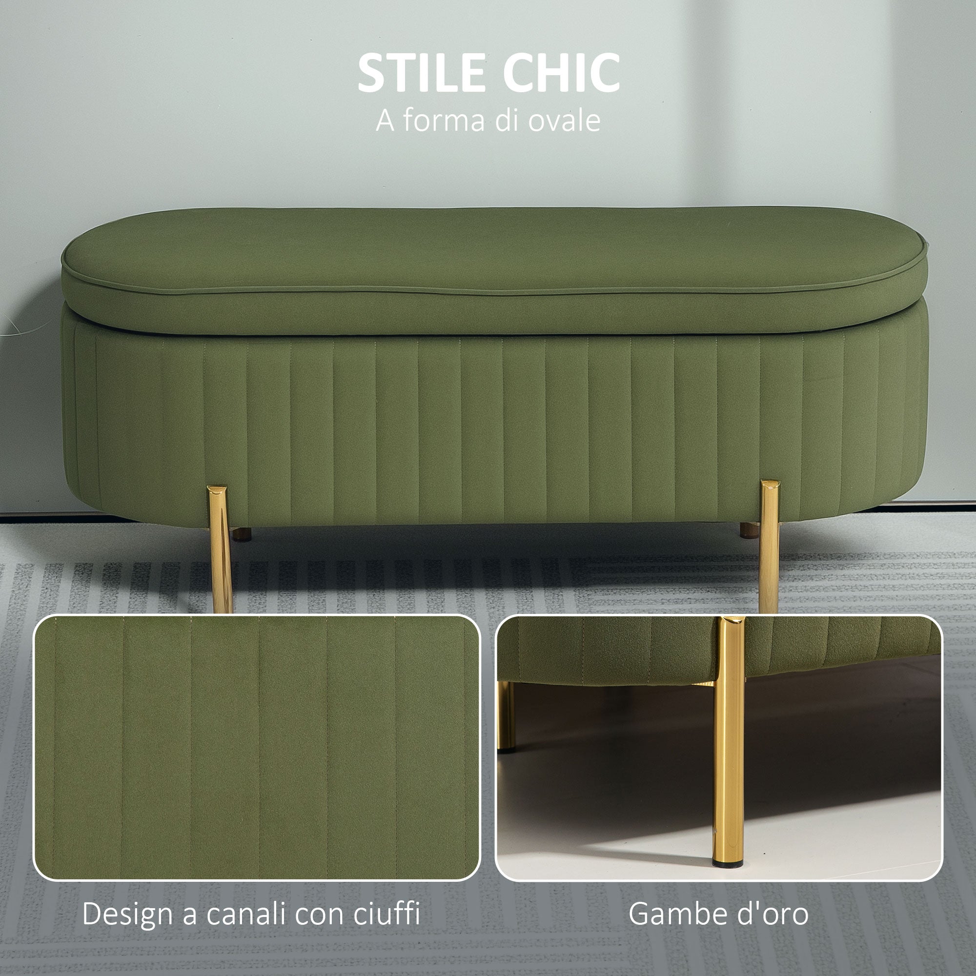 EasyComfort Panca Contenitore Ovale da 72L with Coperchio Sollevabile, in Tessuto Effetto Velluto e Legno, 108x44x43.5 cm, Verde