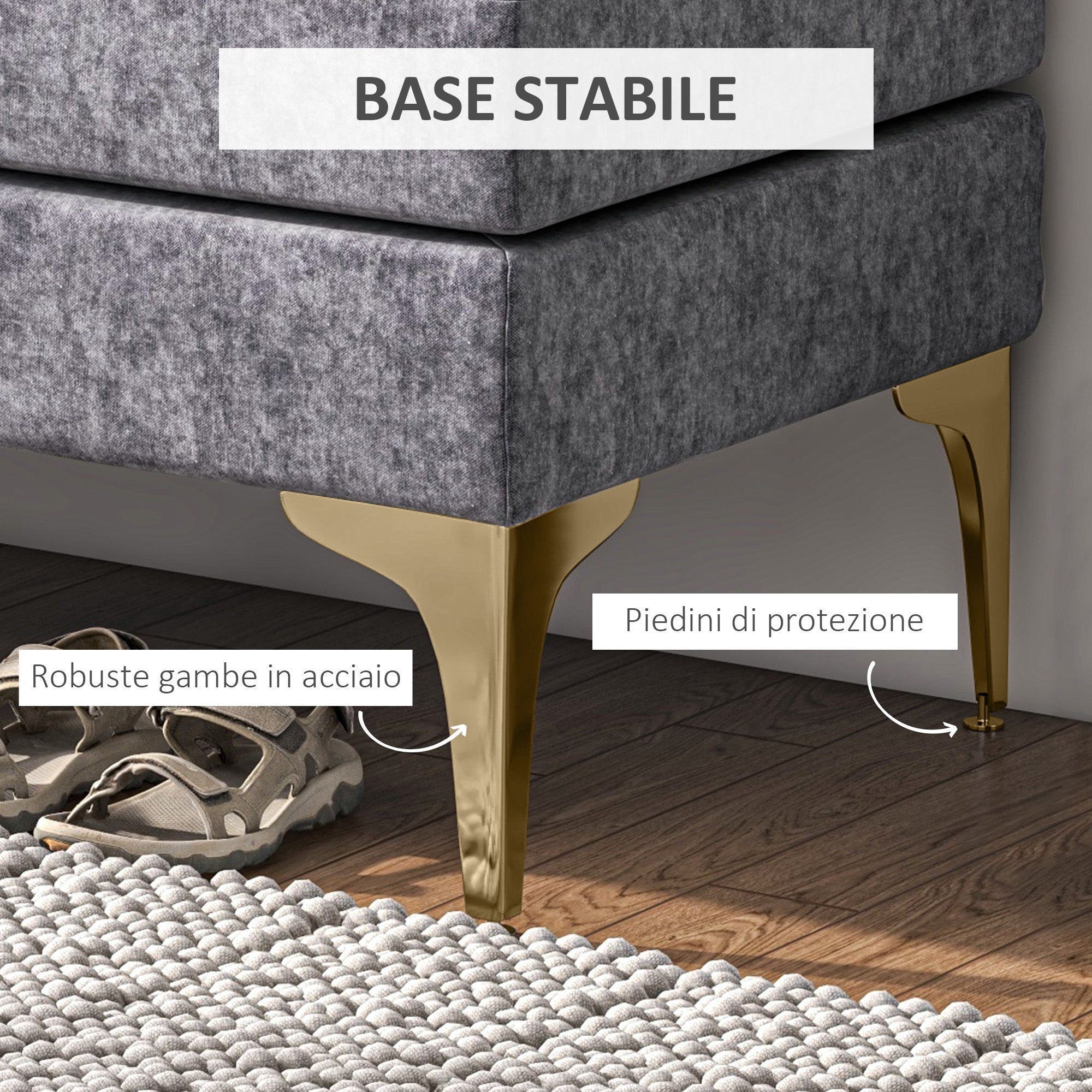 EasyComfort Panca Fondo Letto a 2 Strati in Tessuto Effetto Velluto e Acciaio, 121x50.5x46.5 cm, Grigio Scuro e Oro