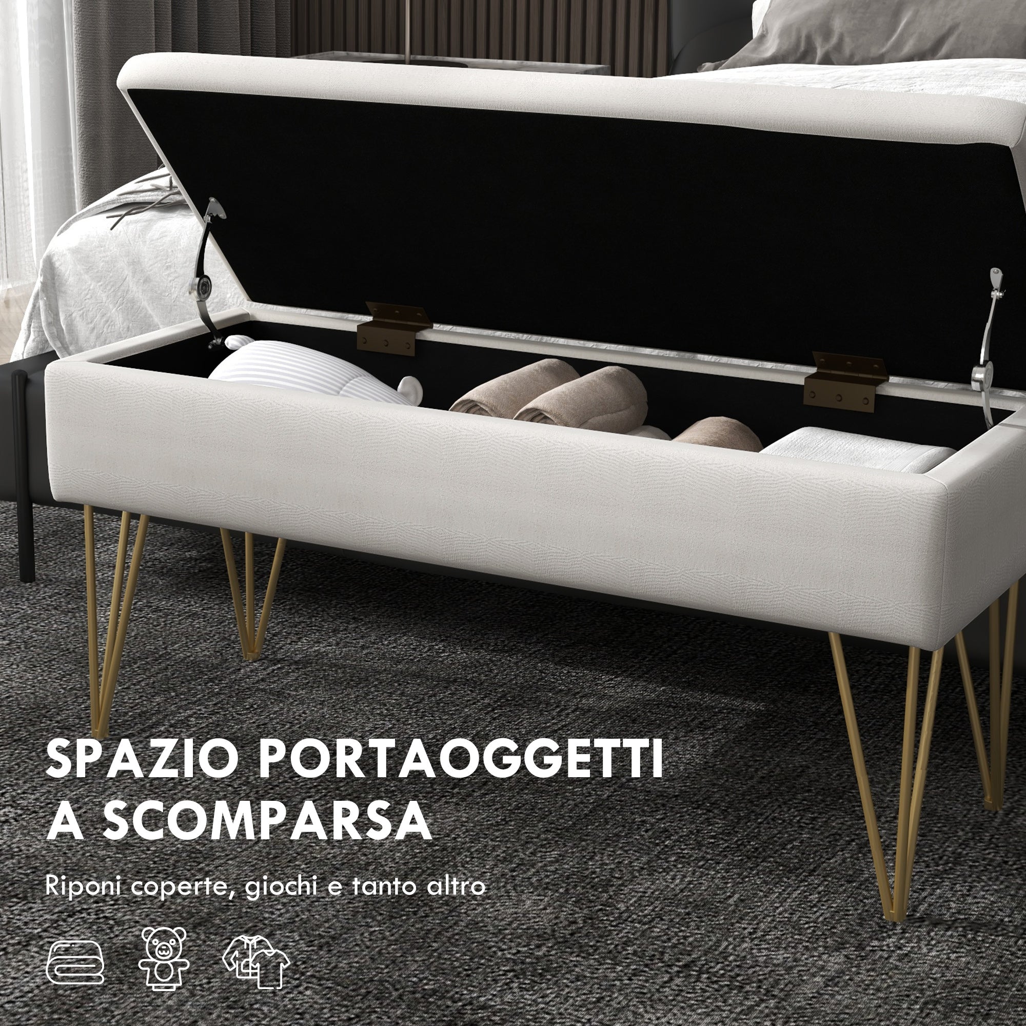 EasyComfort Panca Fondo Letto with Contenitore in Tessuto e Gambe in Acciaio, 100x40x49cm, Crema