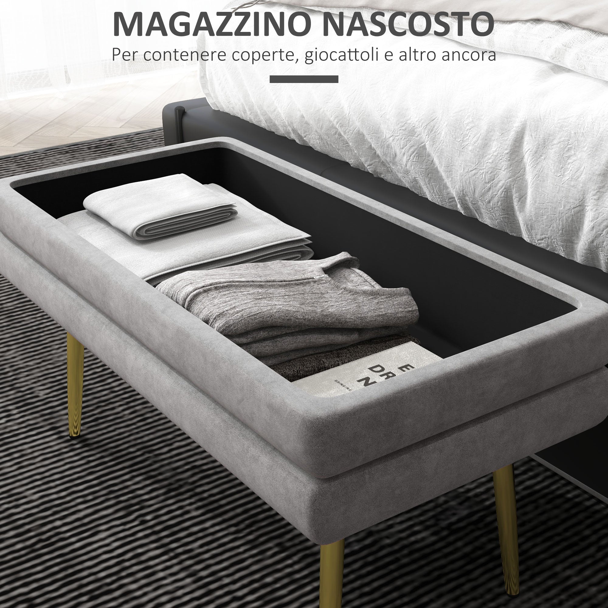 EasyComfort Panca Fondo Letto with Spazio Portaoggetti, in Acciaio e Poliestere, 79.5x37.5x43 cm, Grigia