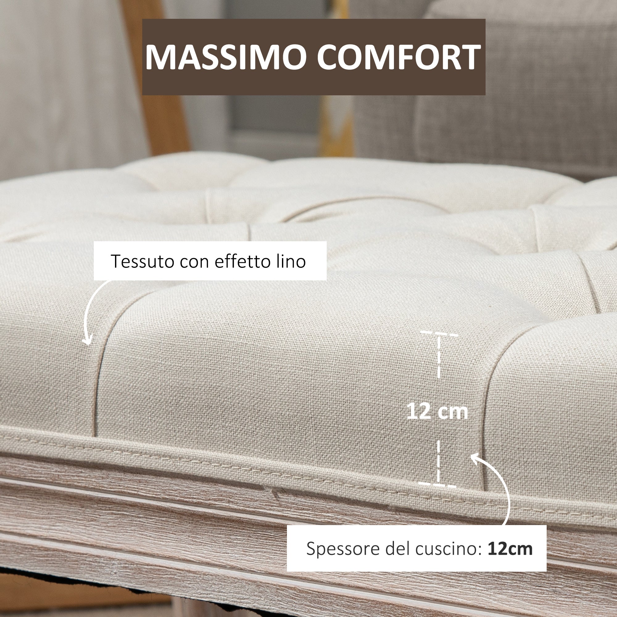 Easycomfort Panca Fondo Letto Imbottita with Rivestimento Effetto Lino e Gambe in Legno, 80x40x41cm, Beige