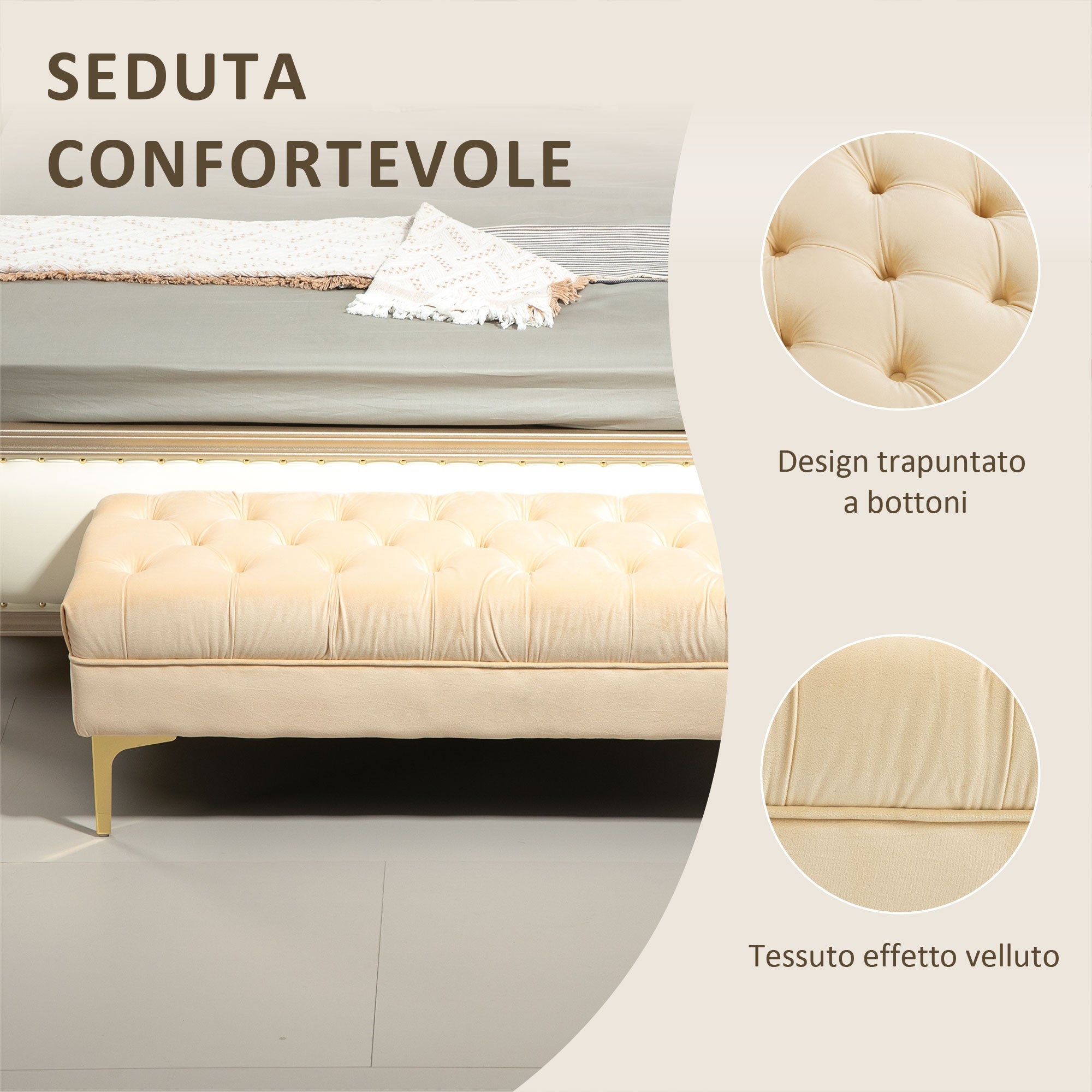 EasyComfort Panca Fondo Letto Imbottita with Rivestimento Trapuntato in Tessuto Effetto Velluto, 118x45x42 cm, Beige