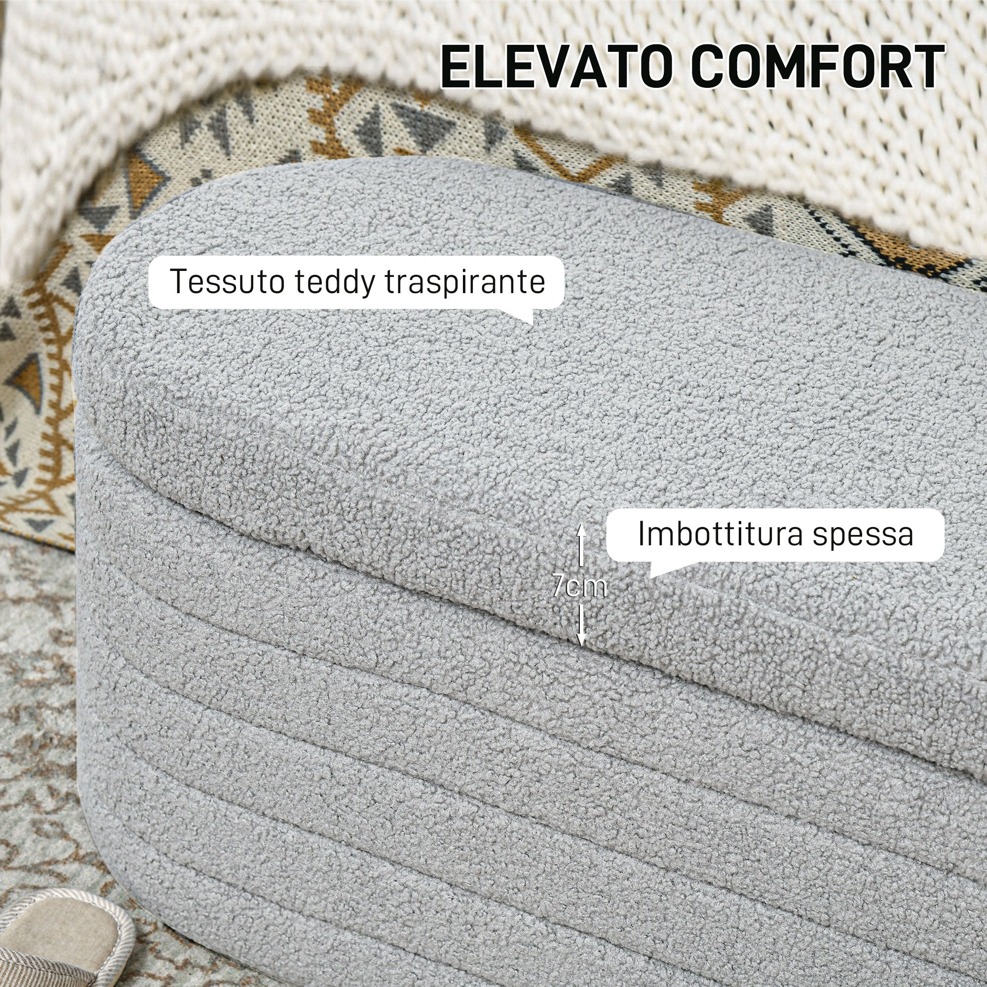 EasyComfort Panca Fondo Letto in Tessuto Teddy with Vano Contenitore, 116x41x40.5cm, Grigio Chiaro