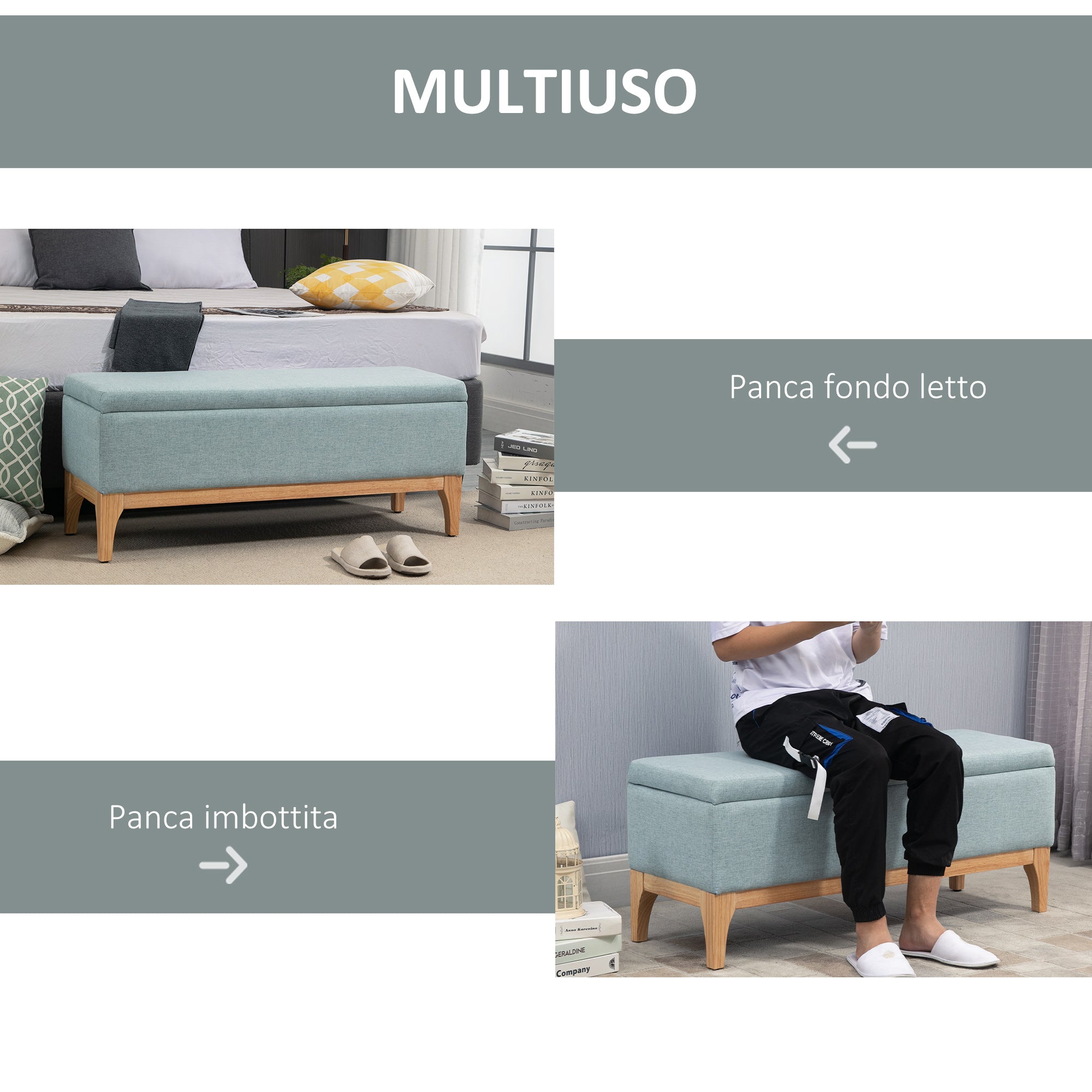 Easycomfort Panca Imbottita Contenitore in Tessuto with Design Scandinavo, 110x39x45Acm - Azzurro