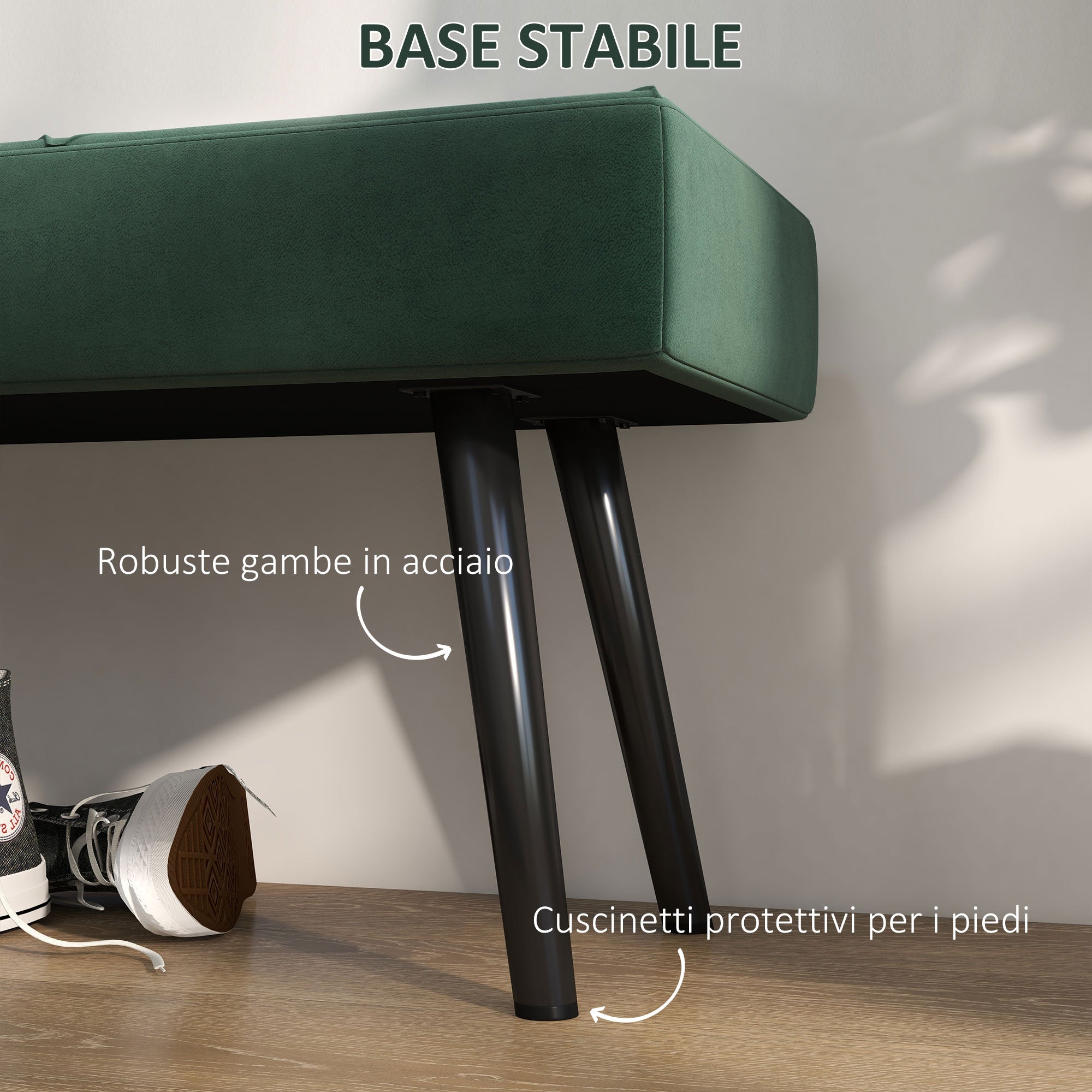 EasyComfort Panca Imbottita Fondoletto in Tessuto Effetto Velluto e Acciaio, 100x36x45 cm, Verde e black