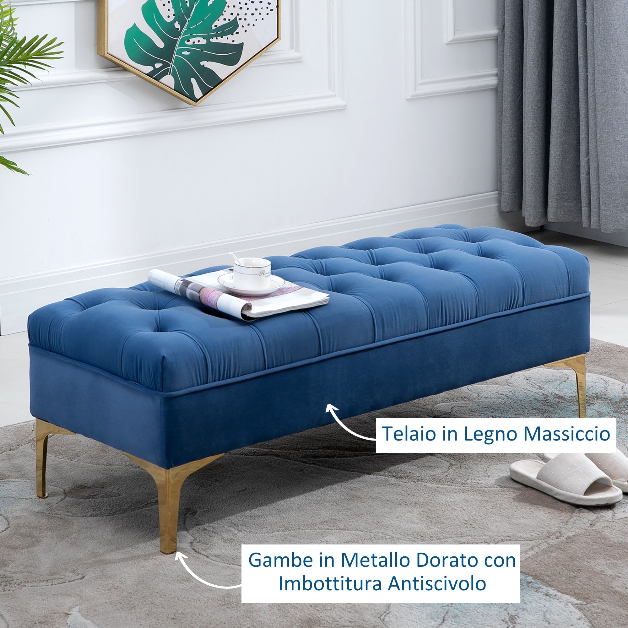 Easycomfort Panca Imbottita Fondoletto in Tessuto Vellutato e Base in Metallo Dorato, 118x45x42 cm, Blu