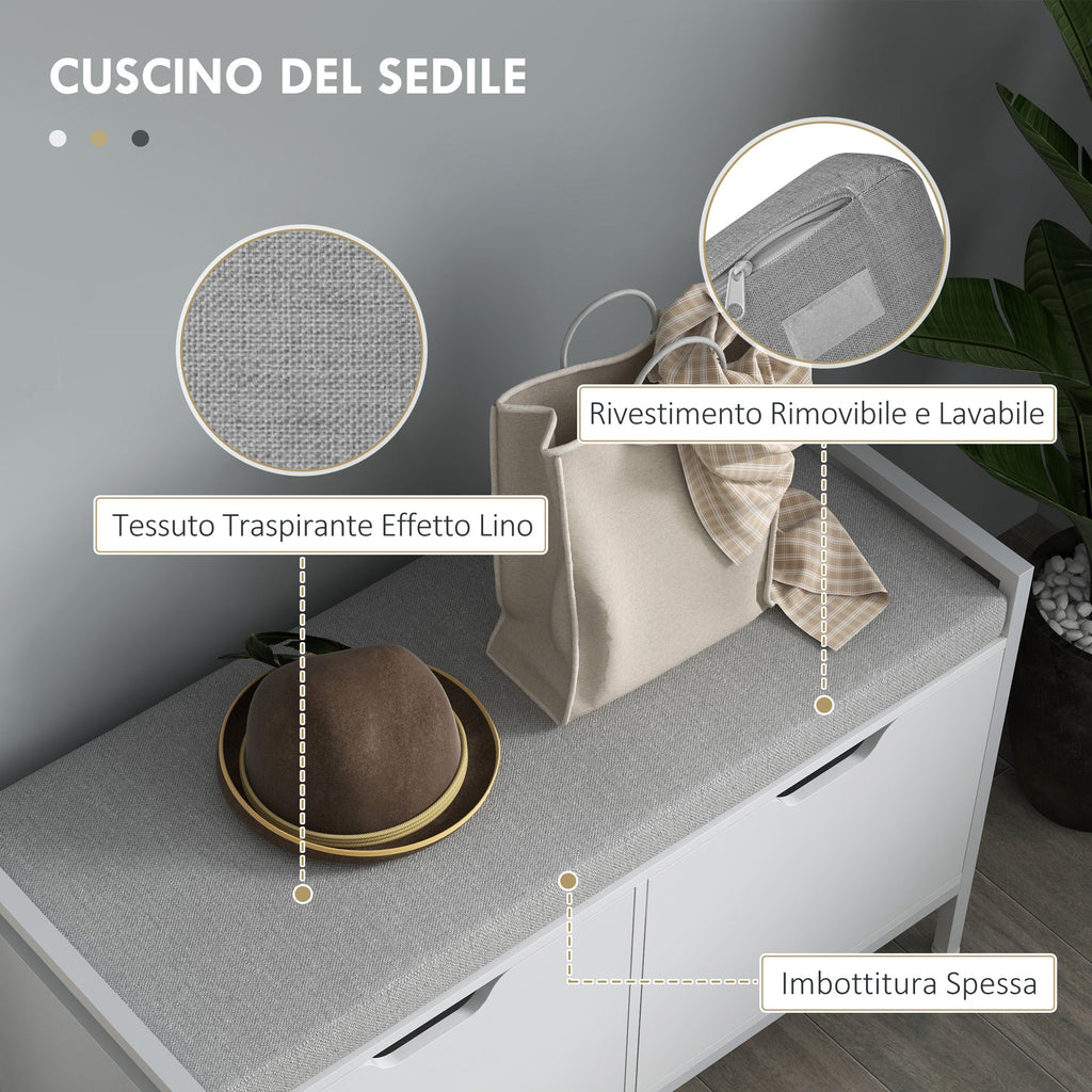 EasyComfort Panca Scarpiera a 2 Armadietti with Cuscino, in Tessuto Effetto Lino, Legno e Acciaio, 84x35x50 cm, white