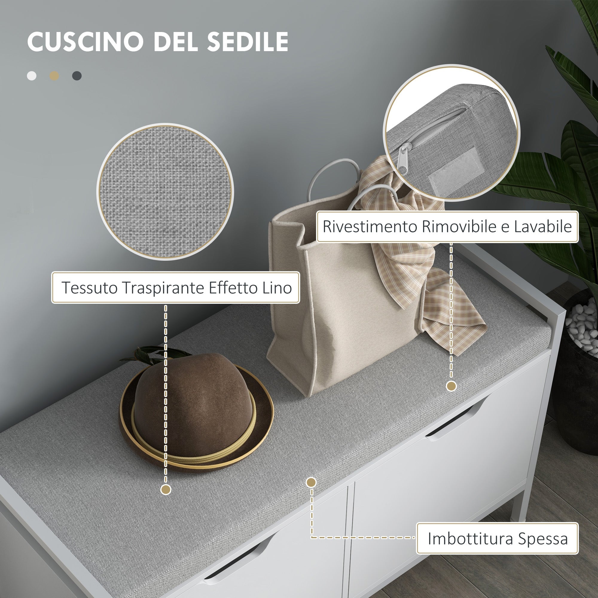 EasyComfort Panca Scarpiera a 2 Armadietti with Cuscino, in Tessuto Effetto Lino, Legno e Acciaio, 84x35x50 cm, white