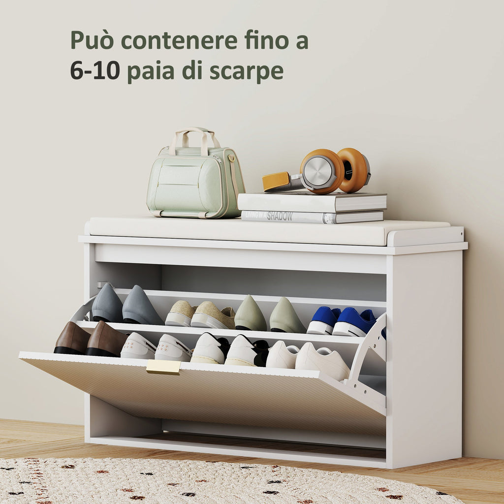 EasyComfort Panca Scarpiera with Ripiano Interno, in Legno e Tessuto Effetto Lino, 80x26x47.5 cm, Bianca e Beige