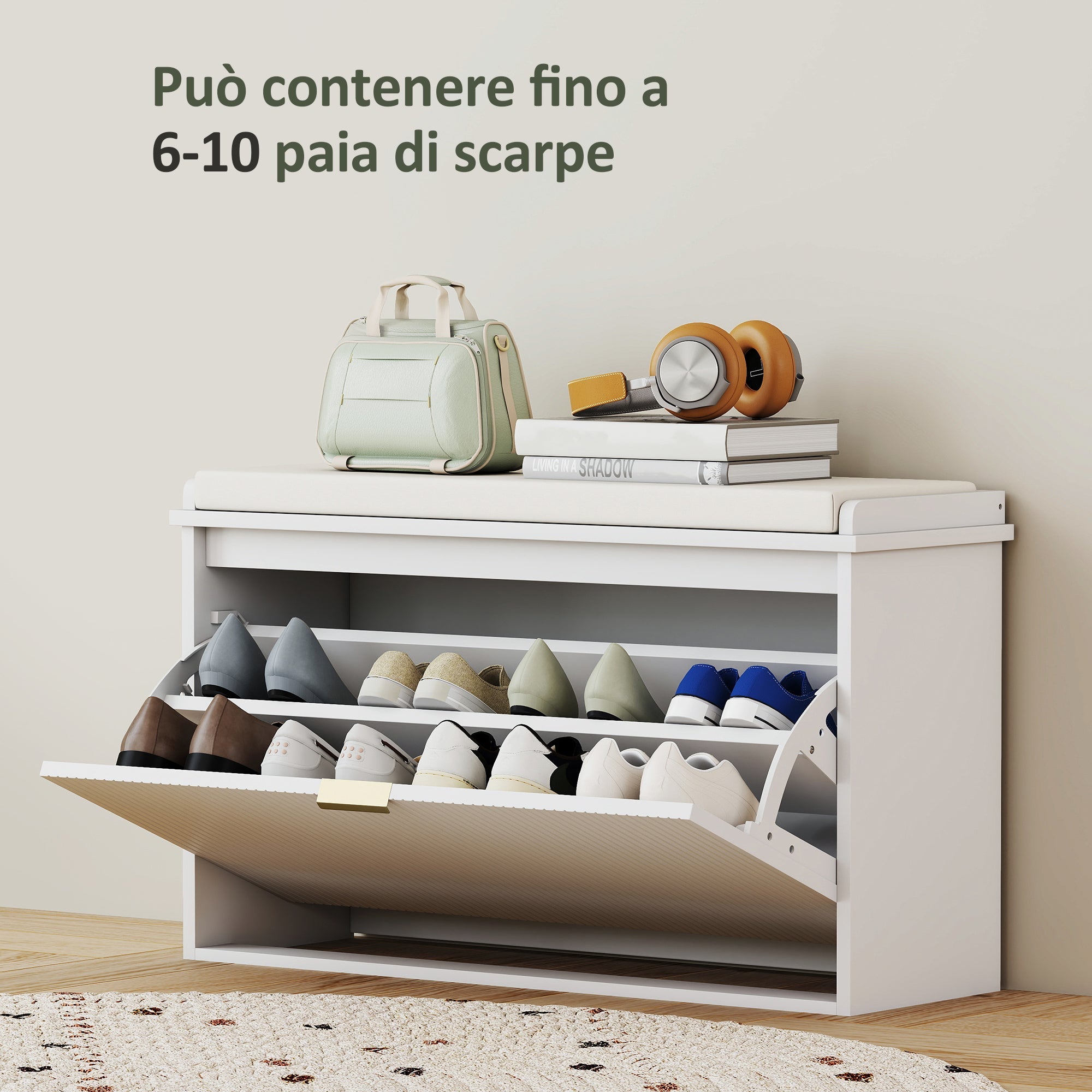 EasyComfort Panca Scarpiera with Ripiano Interno, in Legno e Tessuto Effetto Lino, 80x26x47.5 cm, Bianca e Beige