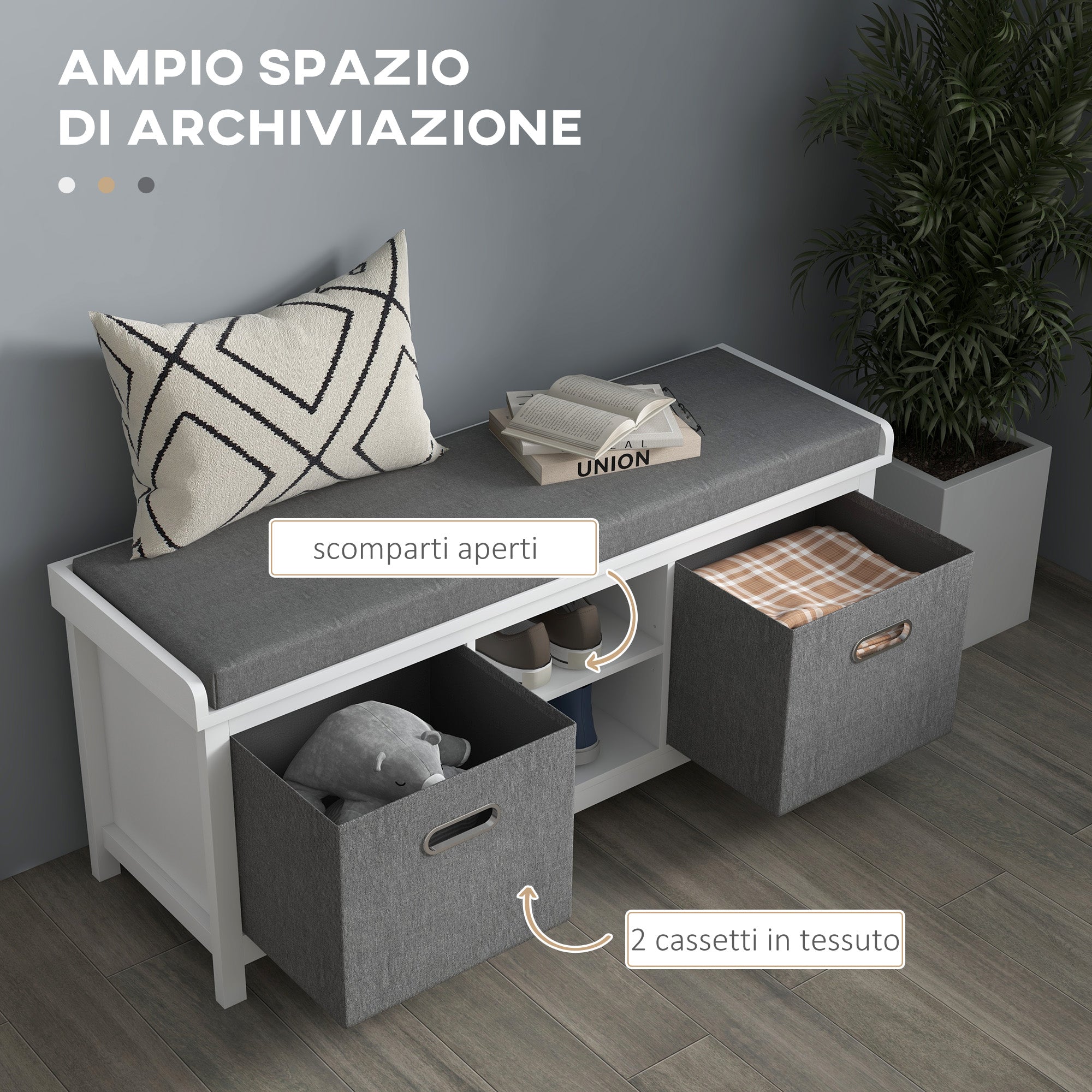 EasyComfort Panca Scarpiera with Ripiano Regolabile a 3 Livelli e 2 Cassetti, in Truciolato, 105x35x47 cm, Bianca e Grigia