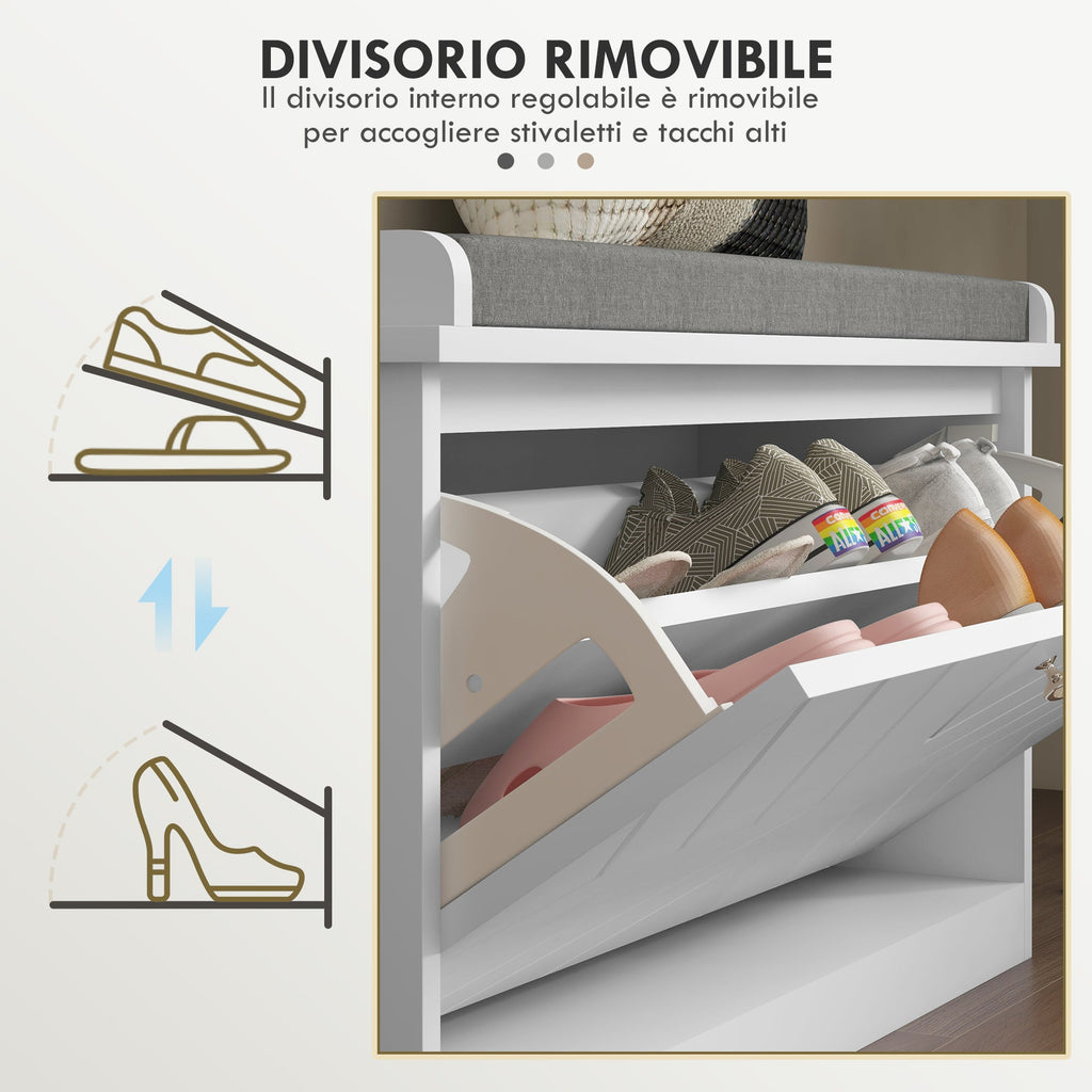 EasyComfort Panca Scarpiera Salvaspazio with Cuscino e Cassetto Ribaltabile per 8 Paia di Scarpe, white