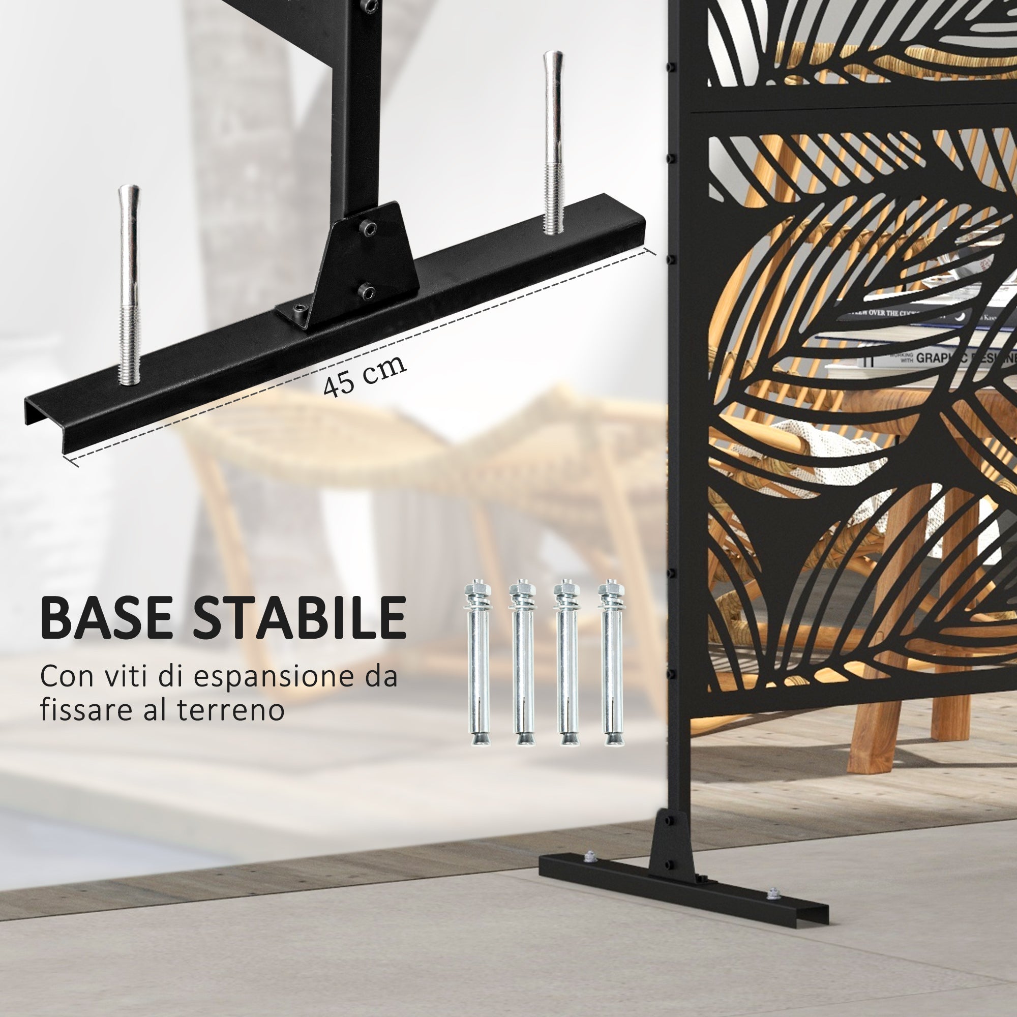 EasyComfort Paravento da Esterno Decorativo in Acciaio Traforato with Design a Foglie, 122x198cm, black