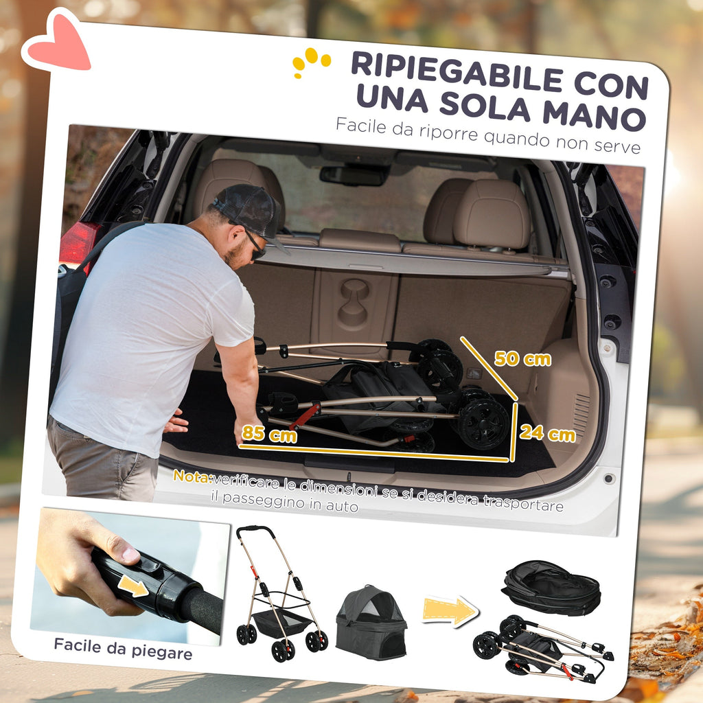 EasyComfort Passeggino per Cani 3 in 1 Pieghevole con Borsa Trasportino e Cestino Inferiore, Grigio