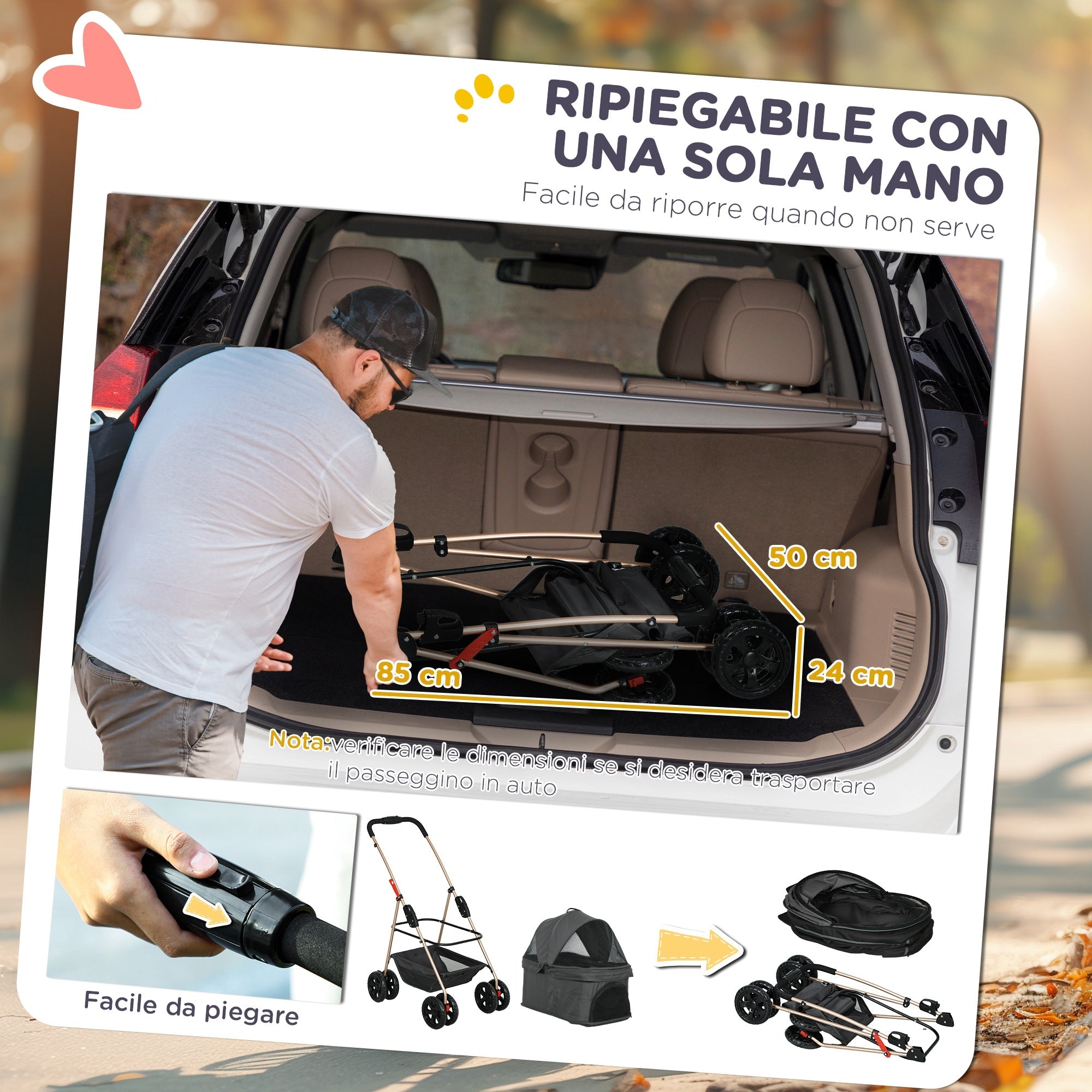 EasyComfort Passeggino per Cani 3 in 1 Pieghevole con Borsa Trasportino e Cestino Inferiore, Grigio
