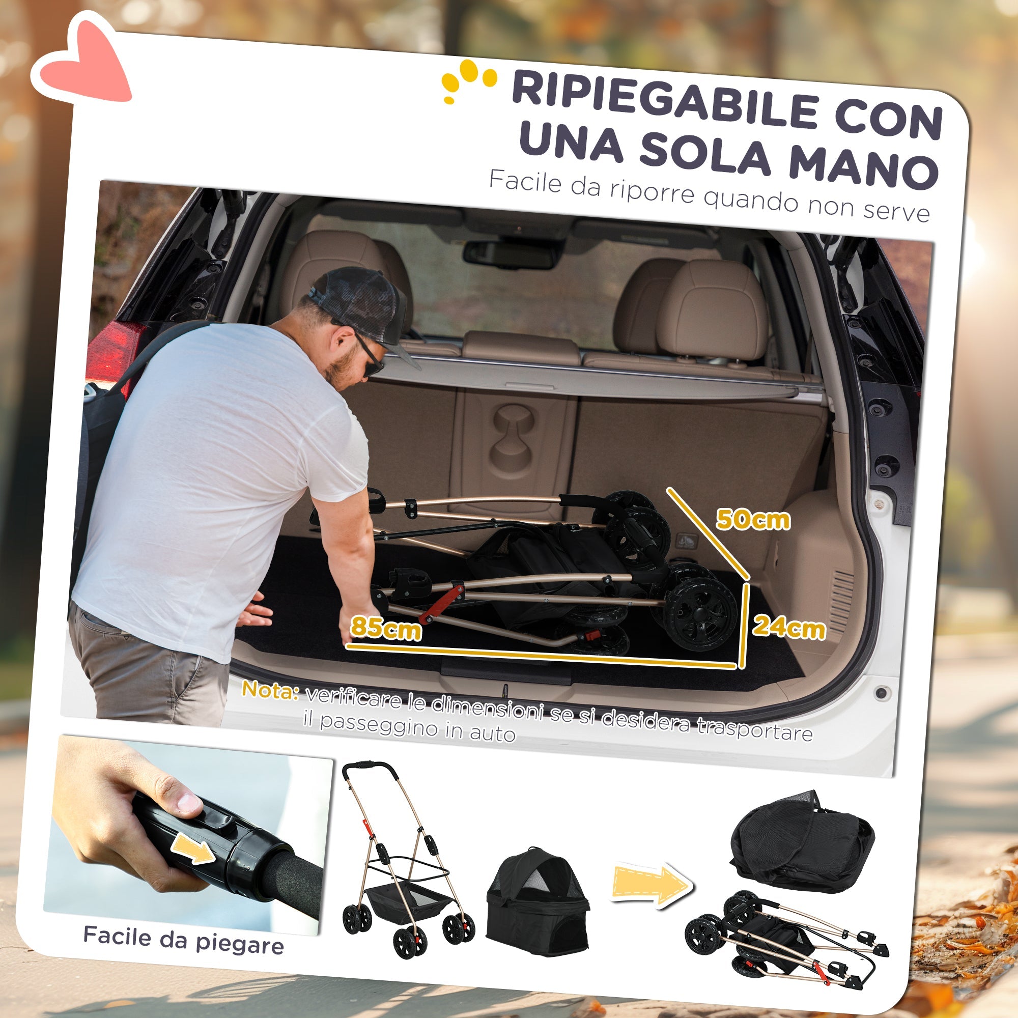 EasyComfort Passeggino per Cani 3 in 1 Pieghevole con Borsa Trasportino e Cestino Inferiore, Nero