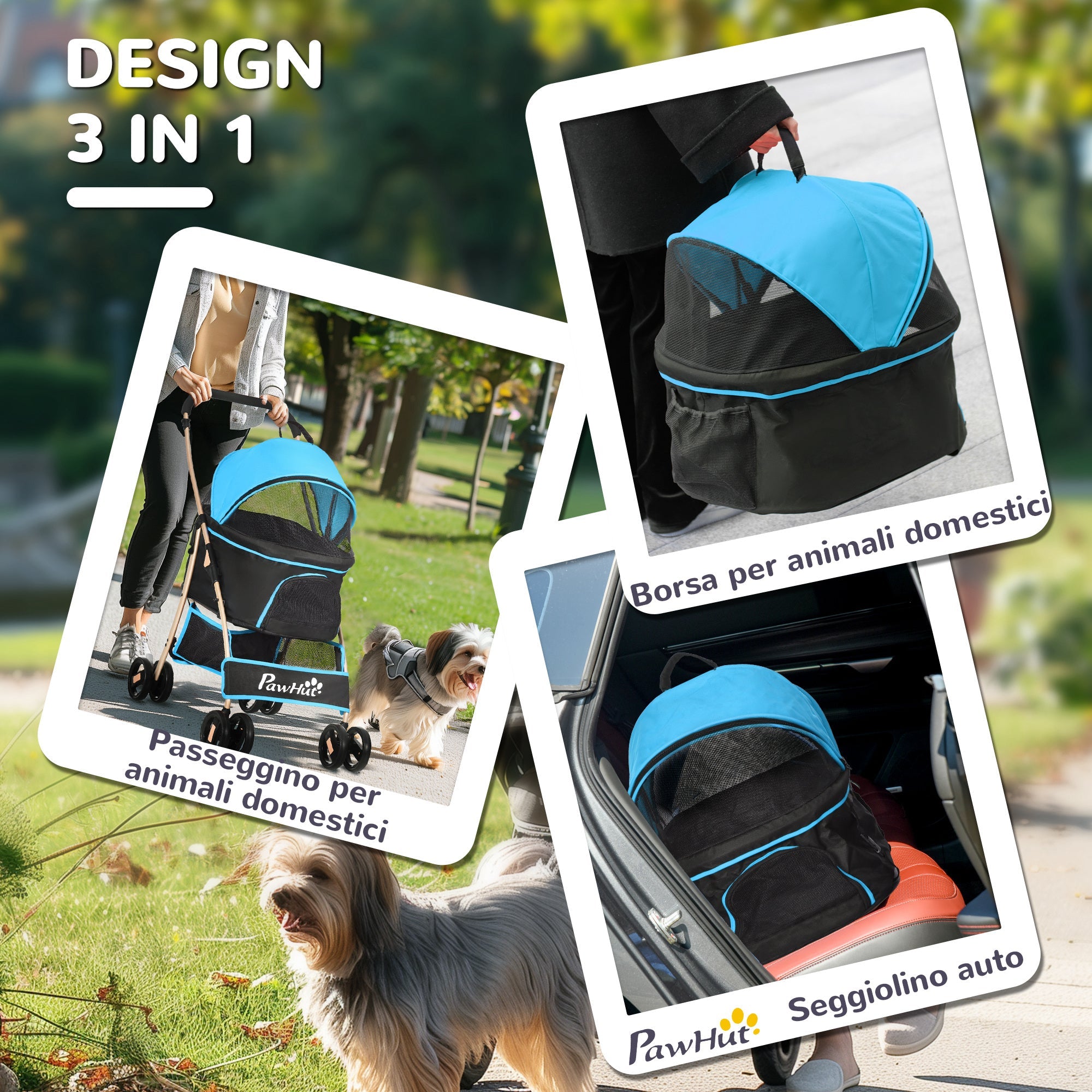 EasyComfort Passeggino per Cani Convertibile con 2 Guinzagli e Cuscino, in Acciaio e Poliestere, 82x49.5x98 cm, Azzurro e Nero