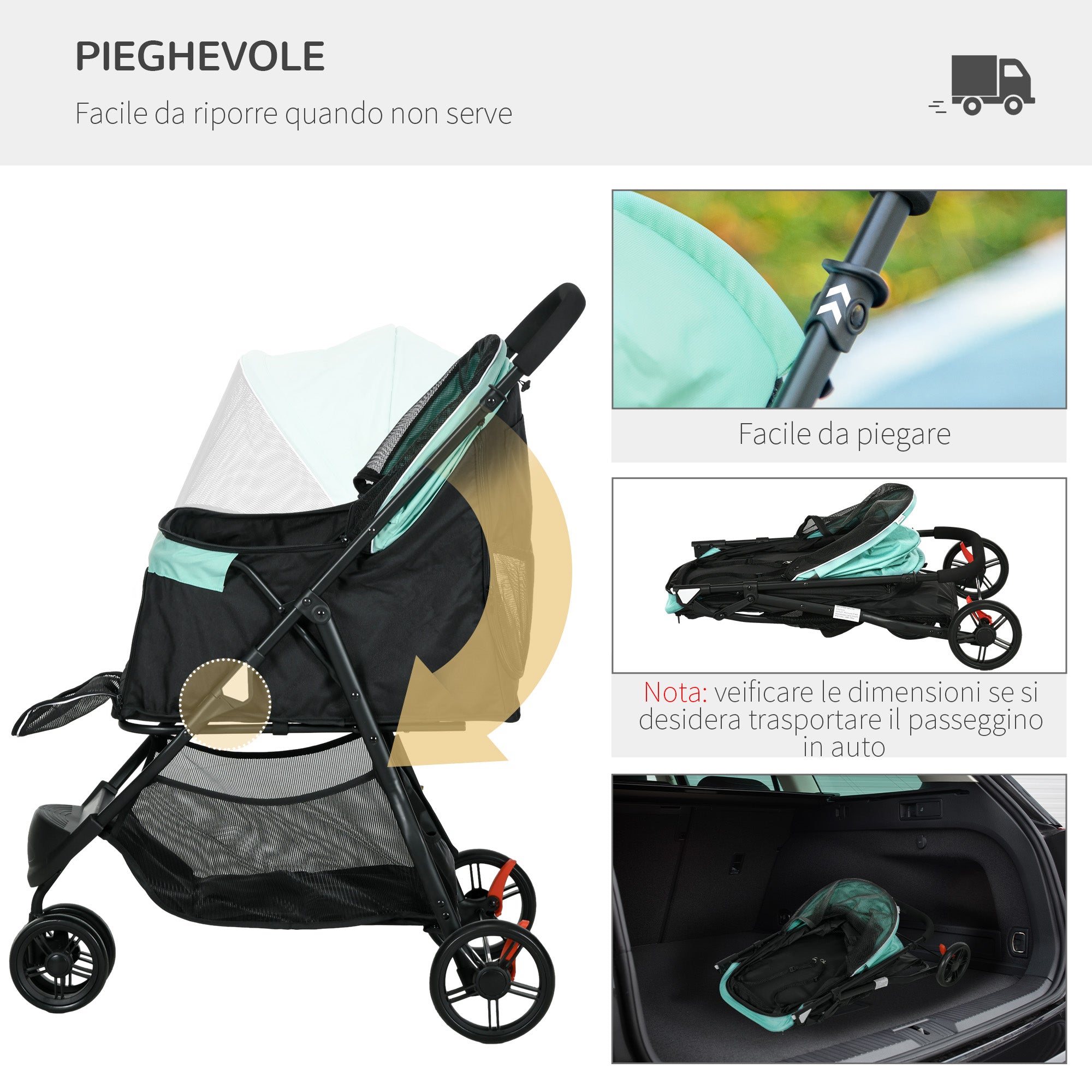 EasyComfort Passeggino per Cani Piccoli Pieghevole a 3 Ruote con Copertura Antipioggia e Cestino, Verde