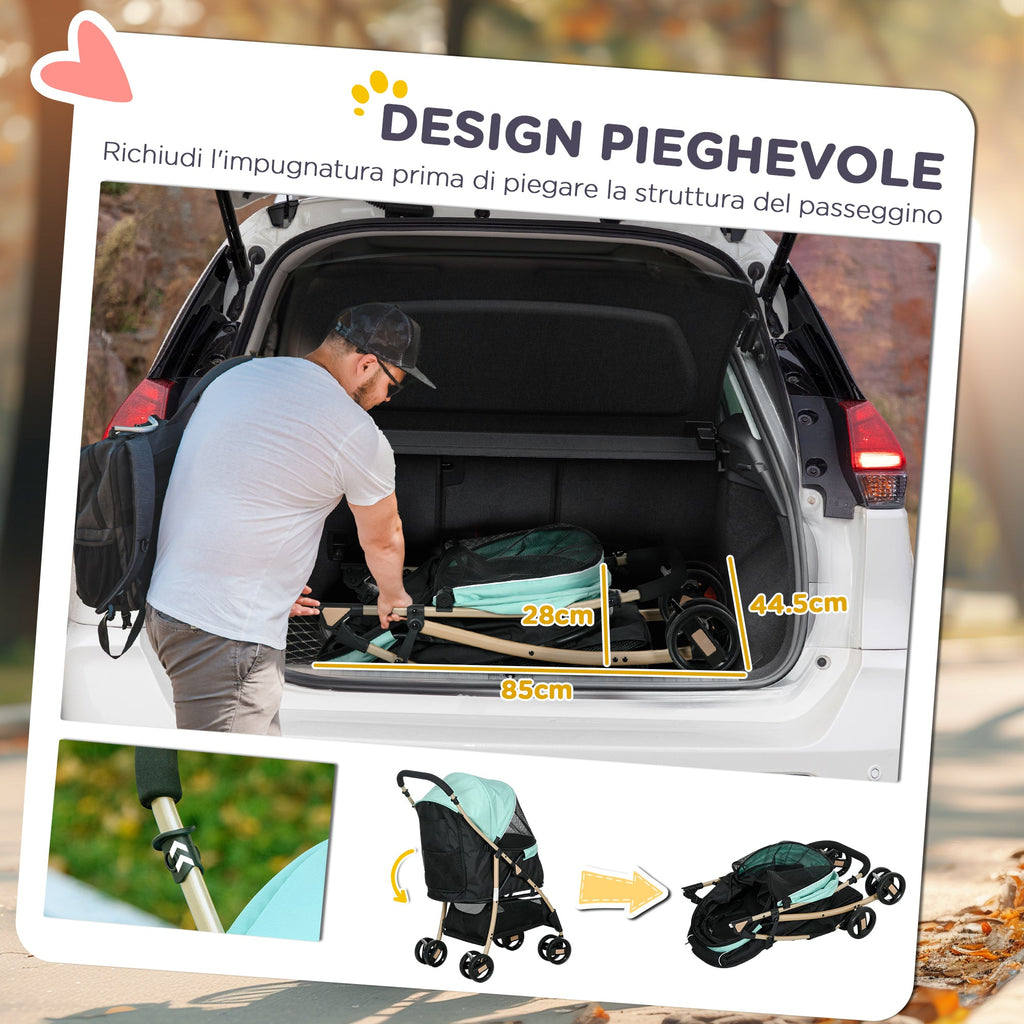 EasyComfort Passeggino per Cani Piccoli Pieghevole con Copertura Antipioggia, Cestino e Guinzaglio Integrato, Verde
